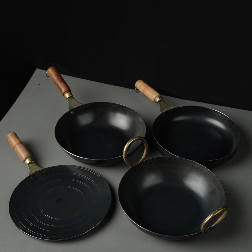 Pure Iron Handmade Family Combo (Roti Tawa+ Fry Pan+ Round Wok+ Kadai) – Cookware on Brown Living™. SKU: Iron-Combo-6-4350g-packof4. Img 1.