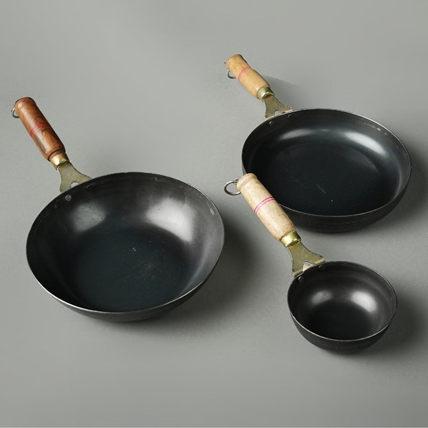 Pure Iron Handmade Family Combo (Tadka Pan + Fry Pan+ Round Wok) – Cookware on Brown Living™. SKU: Iron-Combo-2-3200g-packof3. Img 1.