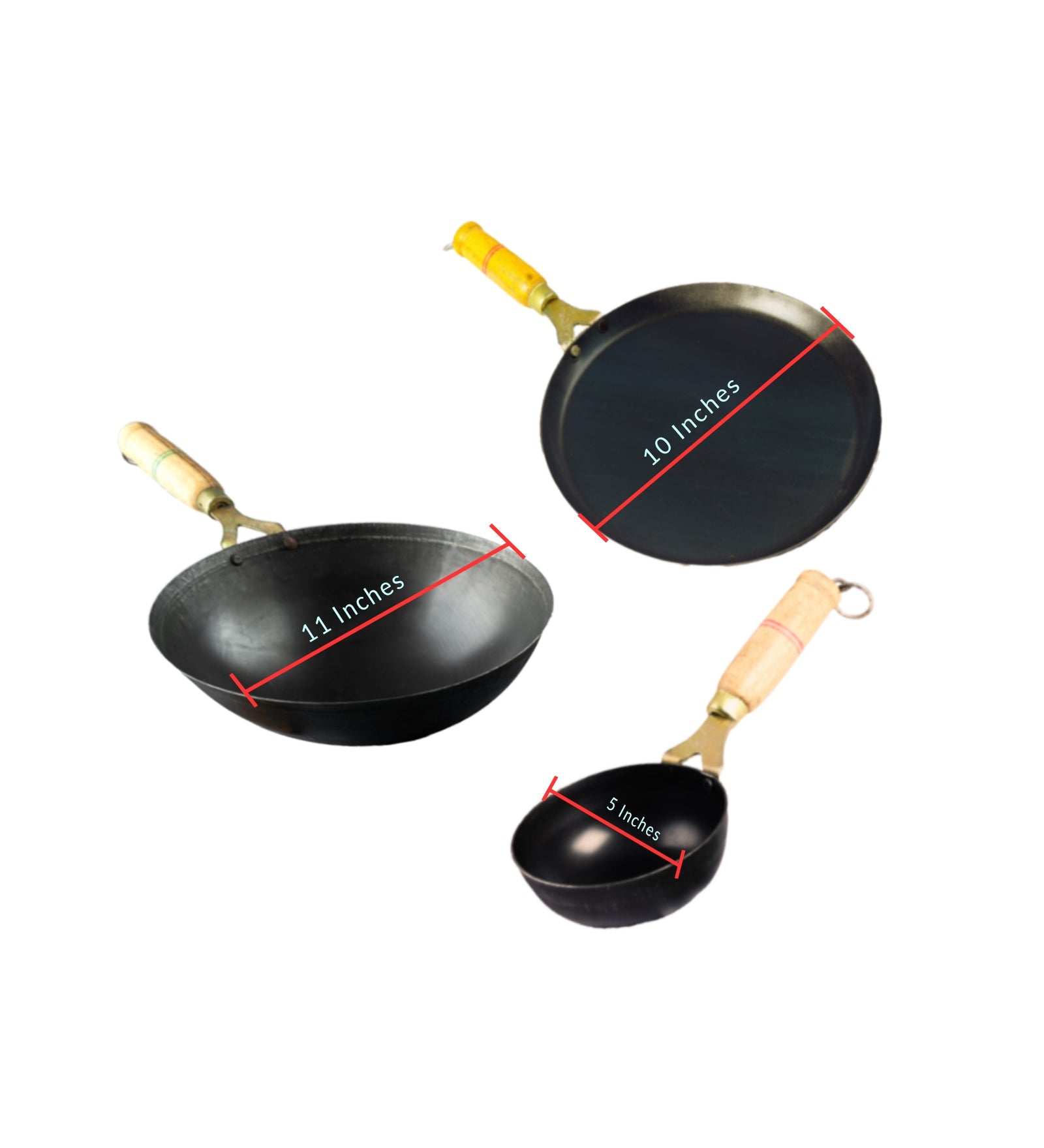 Pure Iron Handmade Family Combo (Tadka Pan+ Tawa+ Round Wok) – Cookware on Brown Living™. SKU: Iron-Combo-1-3200g-packof3. Img 6.