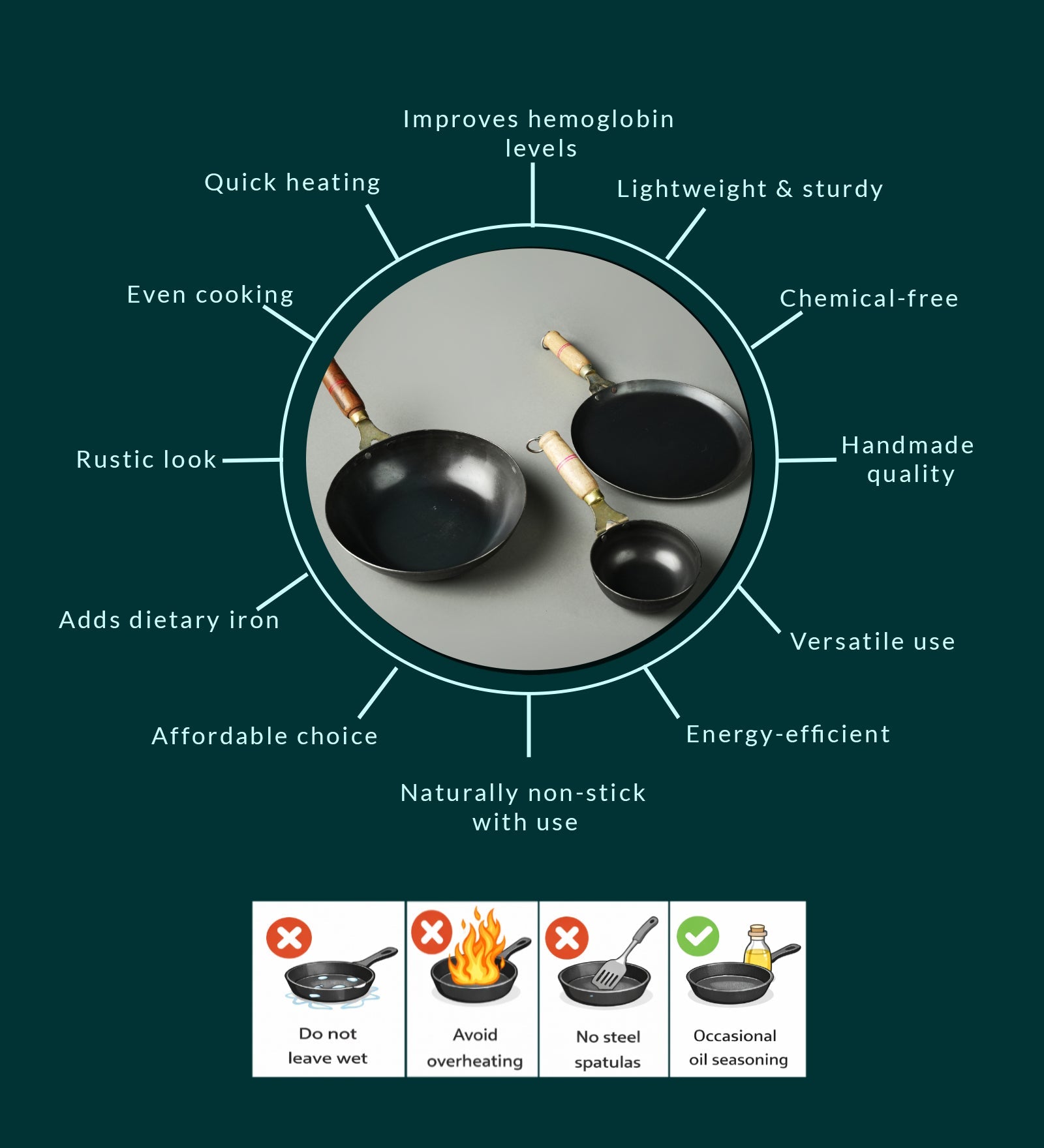 Pure Iron Handmade Family Combo (Tadka Pan+ Tawa+ Round Wok) – Cookware on Brown Living™. SKU: Iron-Combo-1-3200g-packof3. Img 7.
