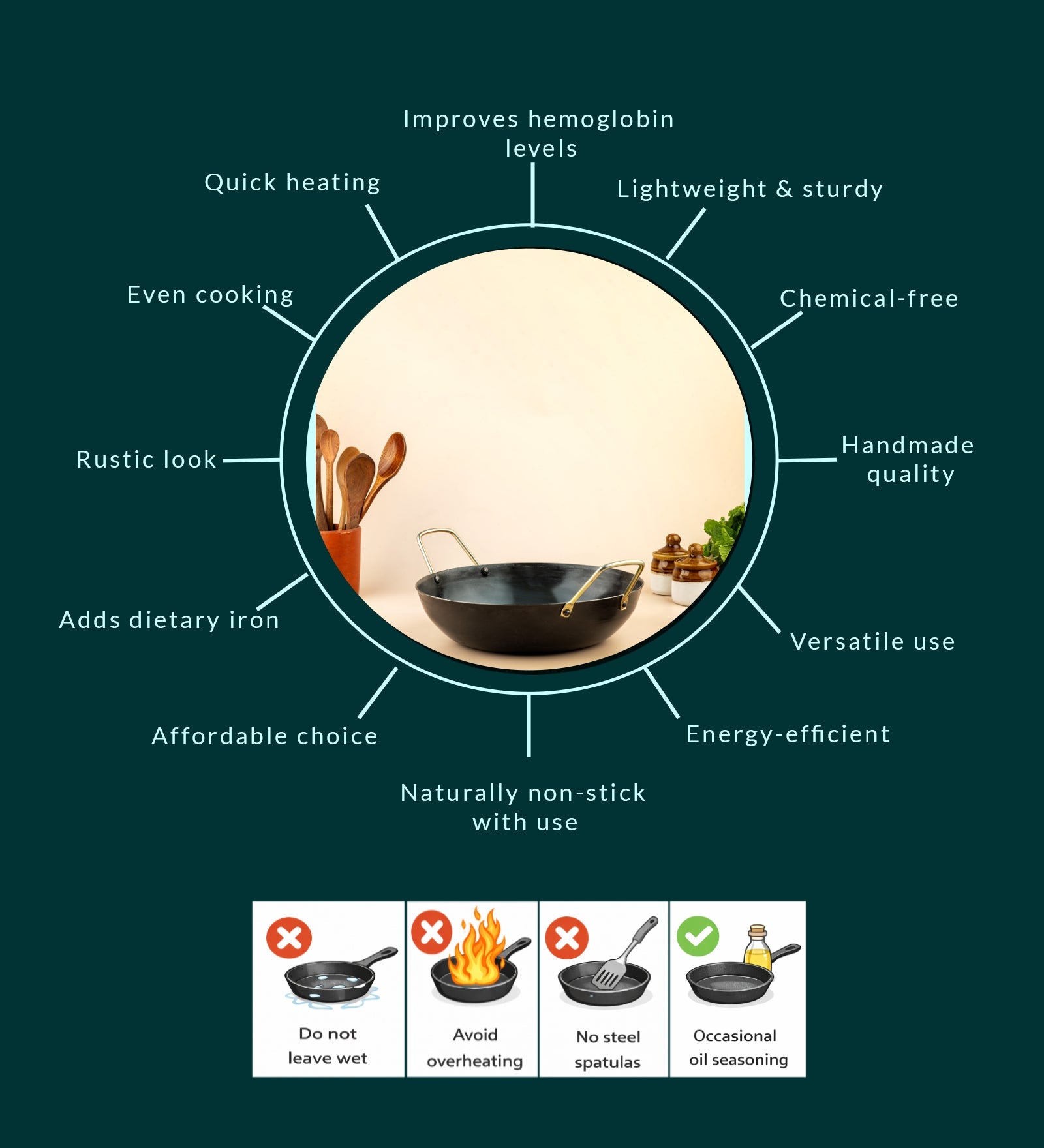 Pure Iron Handmade Flat Bottom Kadai (10 Inches) – Cookware on Brown Living™. SKU: T14. Img 4.