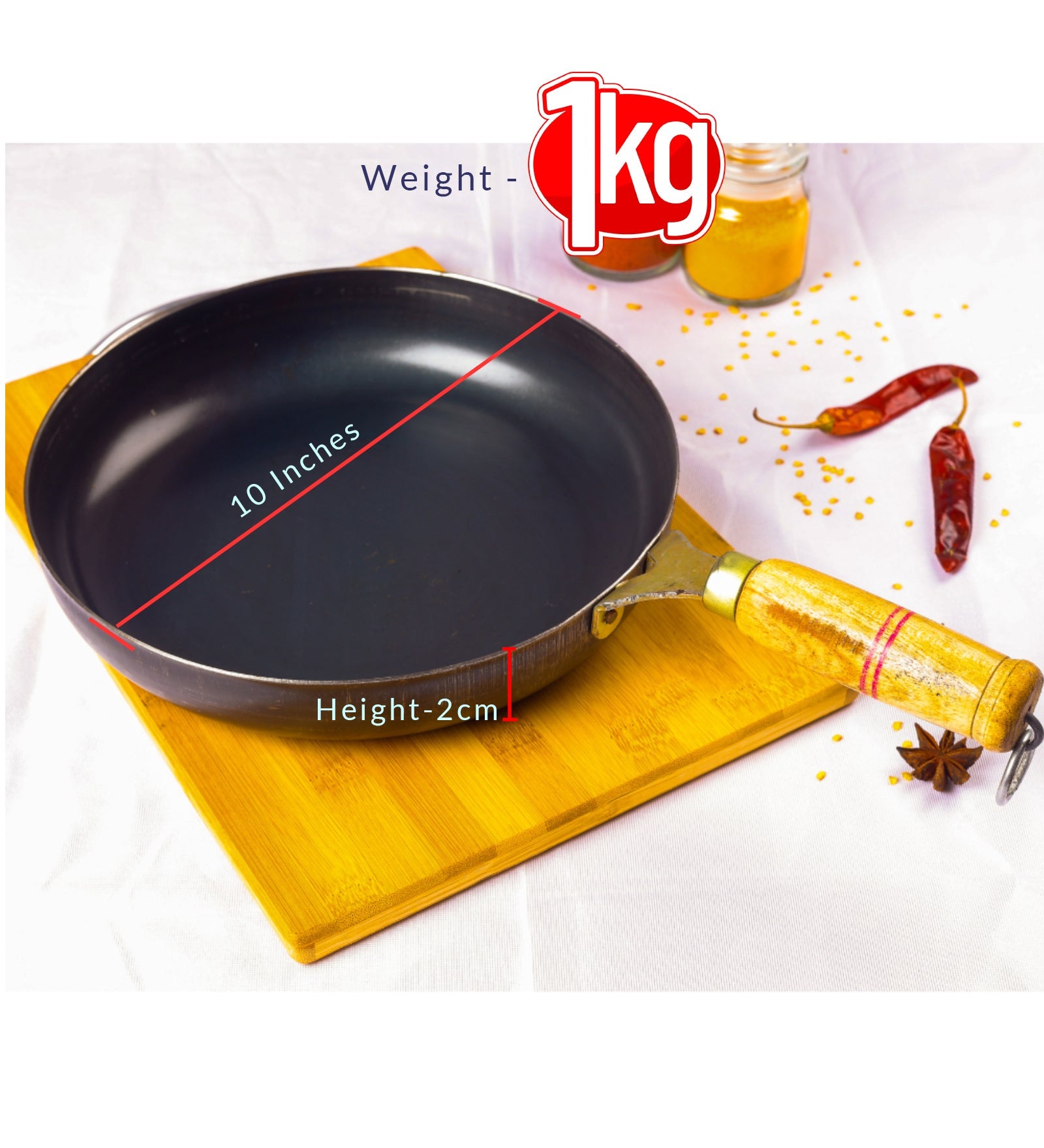 Pure Iron Handmade Fry Pan (10 Inches) – Cookware on Brown Living™. SKU: Iron-pan-1000g-packof1. Img 4.