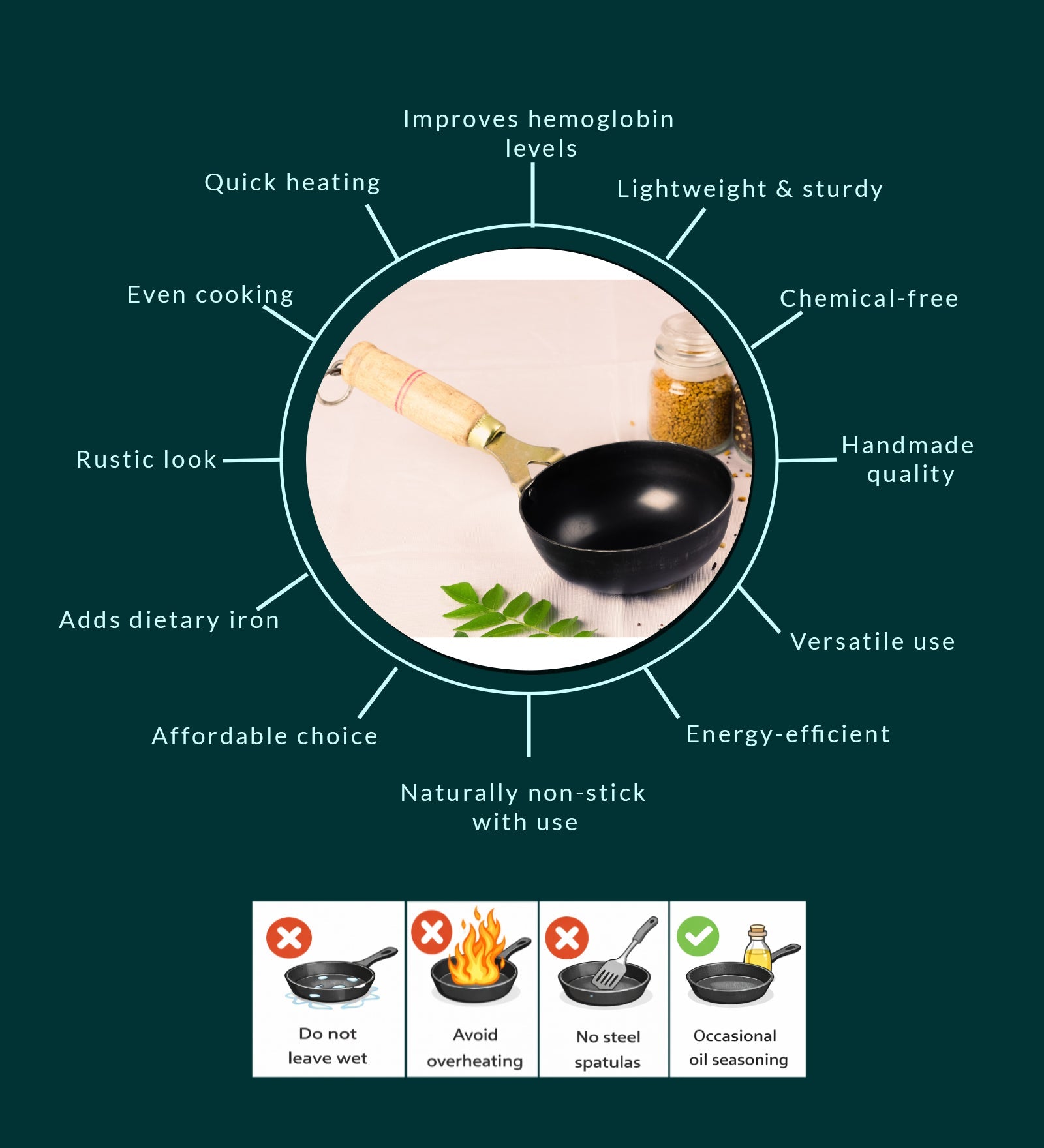 Pure Iron Handmade Tadka Pan/ Thalipu Karandi (5inches Inches) – Cookware on Brown Living™. SKU: Iron-Tadkapan-400g-packof1. Img 4.