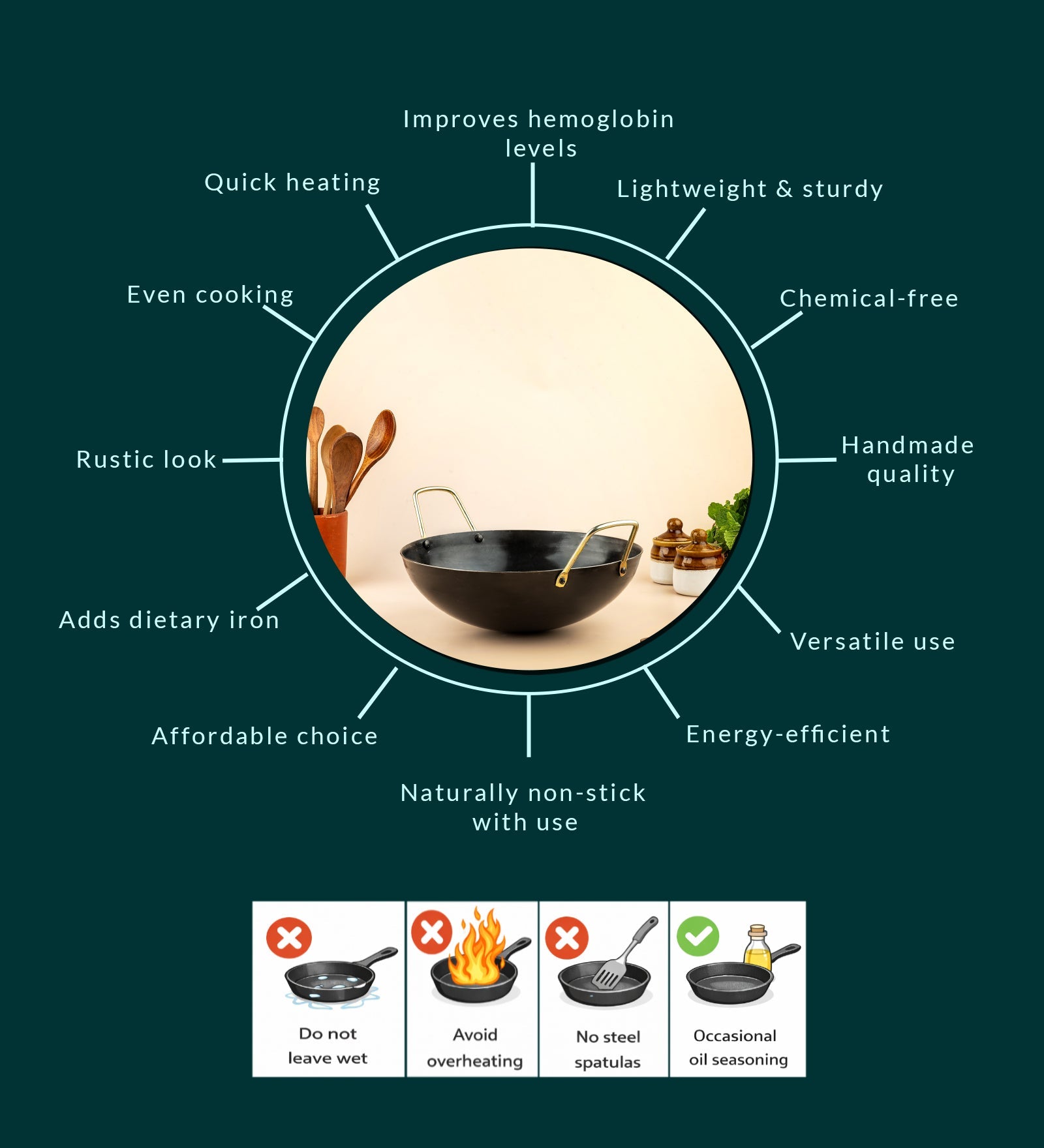 Pure Iron Kadai (Wok) 10 Inch – Traditional Handmade Cookware – Cookware on Brown Living™. SKU: T15. Img 4.