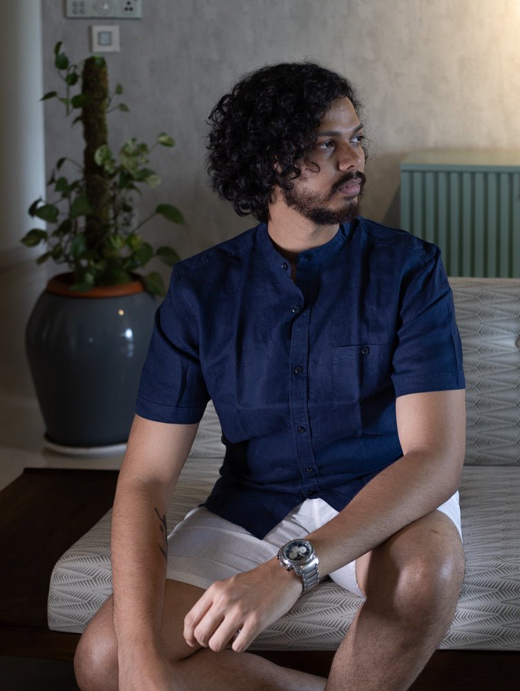 Pure Linen Mandarin Short Sleeve Shirt Heritage Navy For Men's Wear – Mens Shirt on Brown Living™. SKU: ANTPLMSSSBS. Img 1.