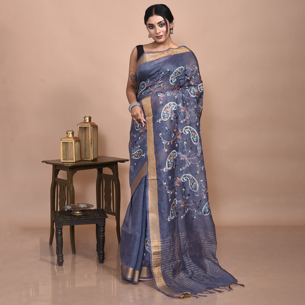 Pure Linen Saree with Floral Design Hand Embroidery – Womens Saree by Stotra available on Brown Living™. Grey . SKU: ST - LIN - SAR - 07. Img 5.