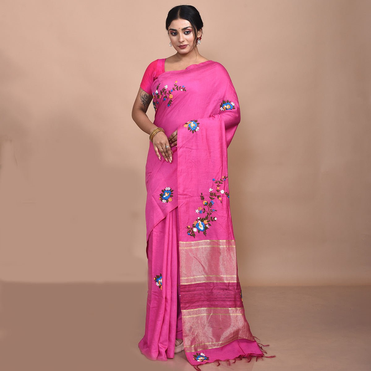 Pure Linen Saree with Floral Design Hand Embroidery – Womens Saree by Stotra available on Brown Living™. Pink . SKU: ST - LIN - SAR - 02. Img 7.