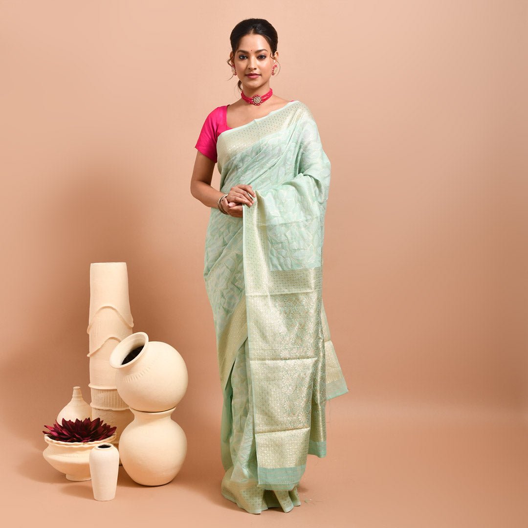 Pure Linen Saree with Metallic Border | Elegant Lightweight Linen Sare – Womens Saree on Brown Living™. SKU: ST-LIN-SAR-GZARI-13. Img 9.