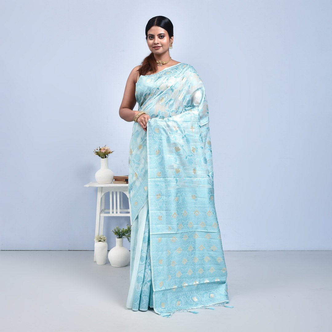 Pure Linen Saree with Metallic Border | Elegant Lightweight Linen Sare – Womens Saree on Brown Living™. SKU: ST-LIN-SAR-SEA-14. Img 10.