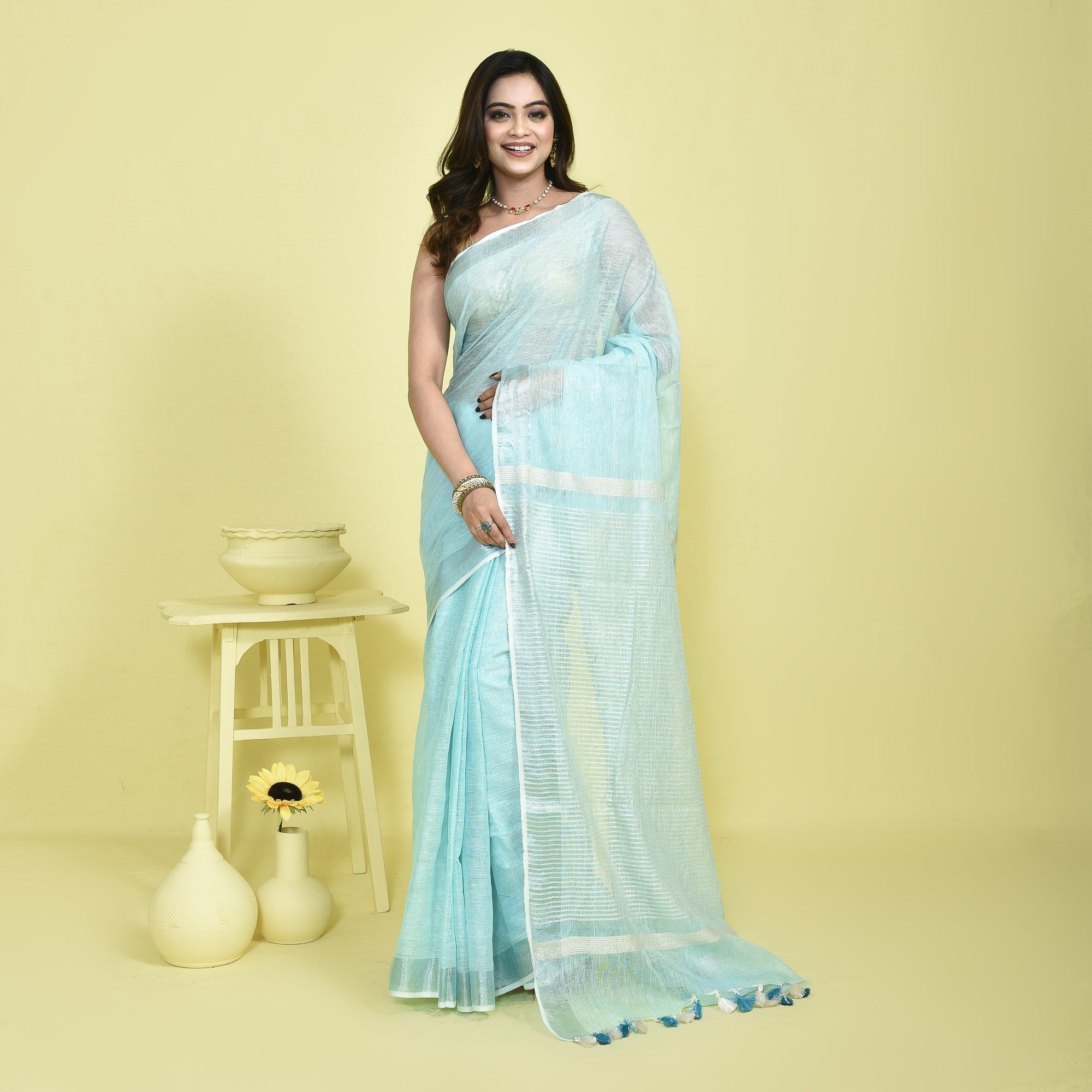 Pure Linen Saree with Metallic Border | Elegant Lightweight Linen Sare – Womens Saree on Brown Living™. SKU: ST-LIN-SAR-SKY-06. Img 7.