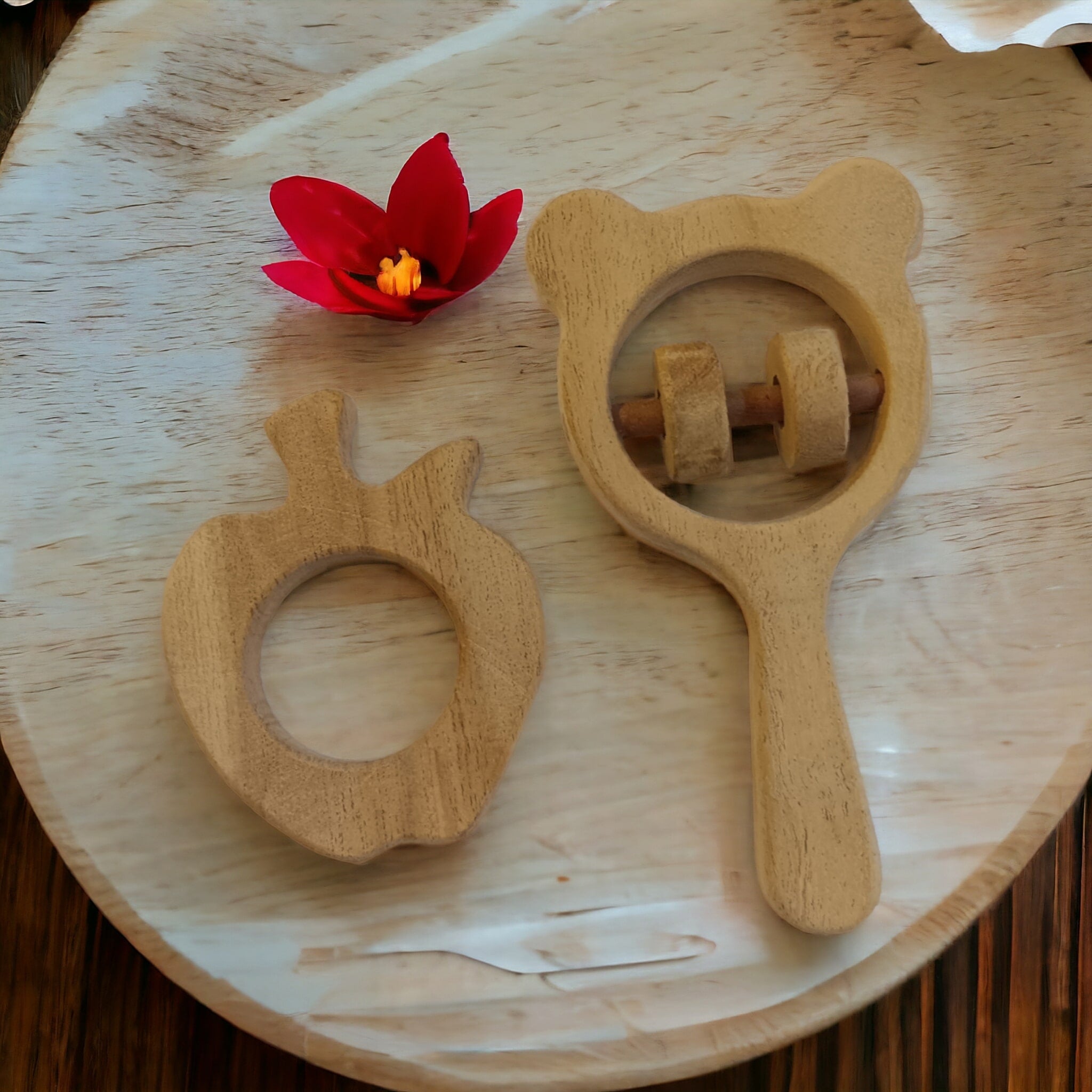 Pure Neem Wooden Rattle & Teether Combo - Mickey Head & Apple Shapes – Wooden Toys on Brown Living™. SKU: RT_MKHD-APL. Img 1.