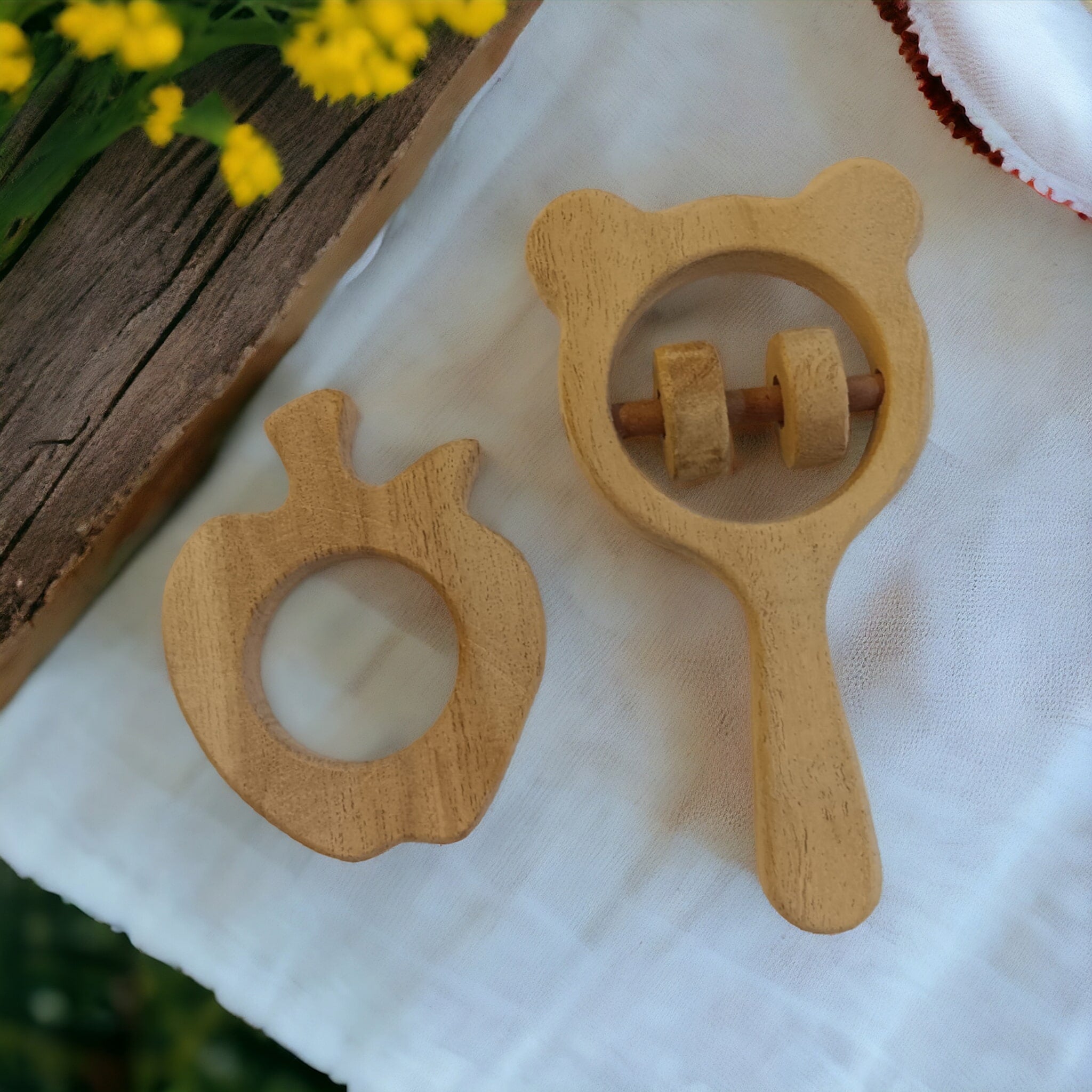 Pure Neem Wooden Rattle & Teether Combo - Mickey Head & Apple Shapes – Wooden Toys on Brown Living™. SKU: RT_MKHD-APL. Img 2.