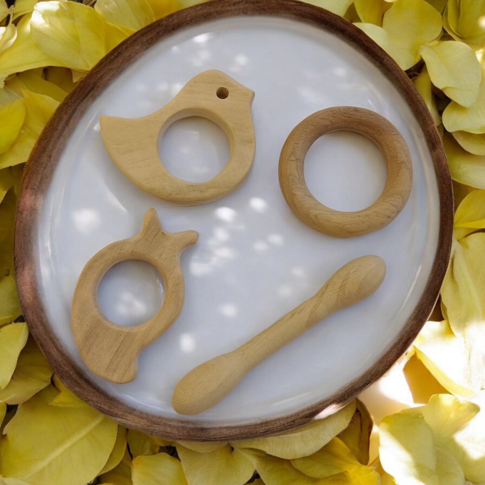 Pure Neem Wooden Teethers – Dumbbell, Ring, Mango & Dove Shapes – Baby Teethers & Soothers on Brown Living™. SKU: T_DBL-RNG-MNG-DV. Img 3.