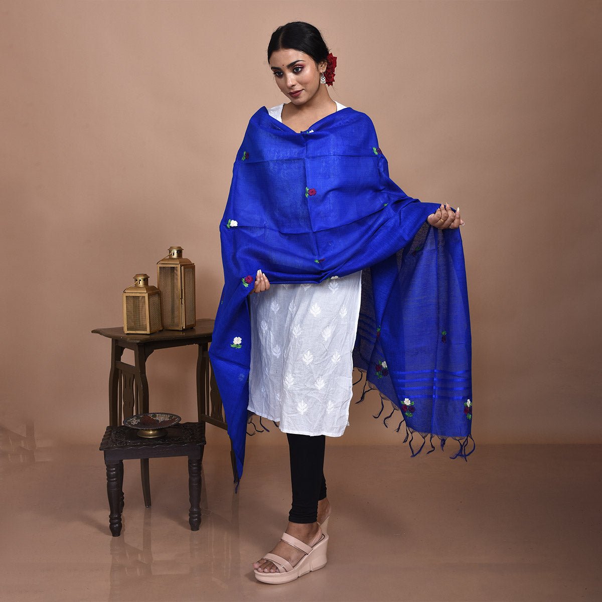 Pure Silk Hand Embroidered Dupatta – Womens Dupatta by Stotra available on Brown Living™. Beige - Poppy Design . SKU: ST - DUP - BEI - POPPY - 02. Img 14.