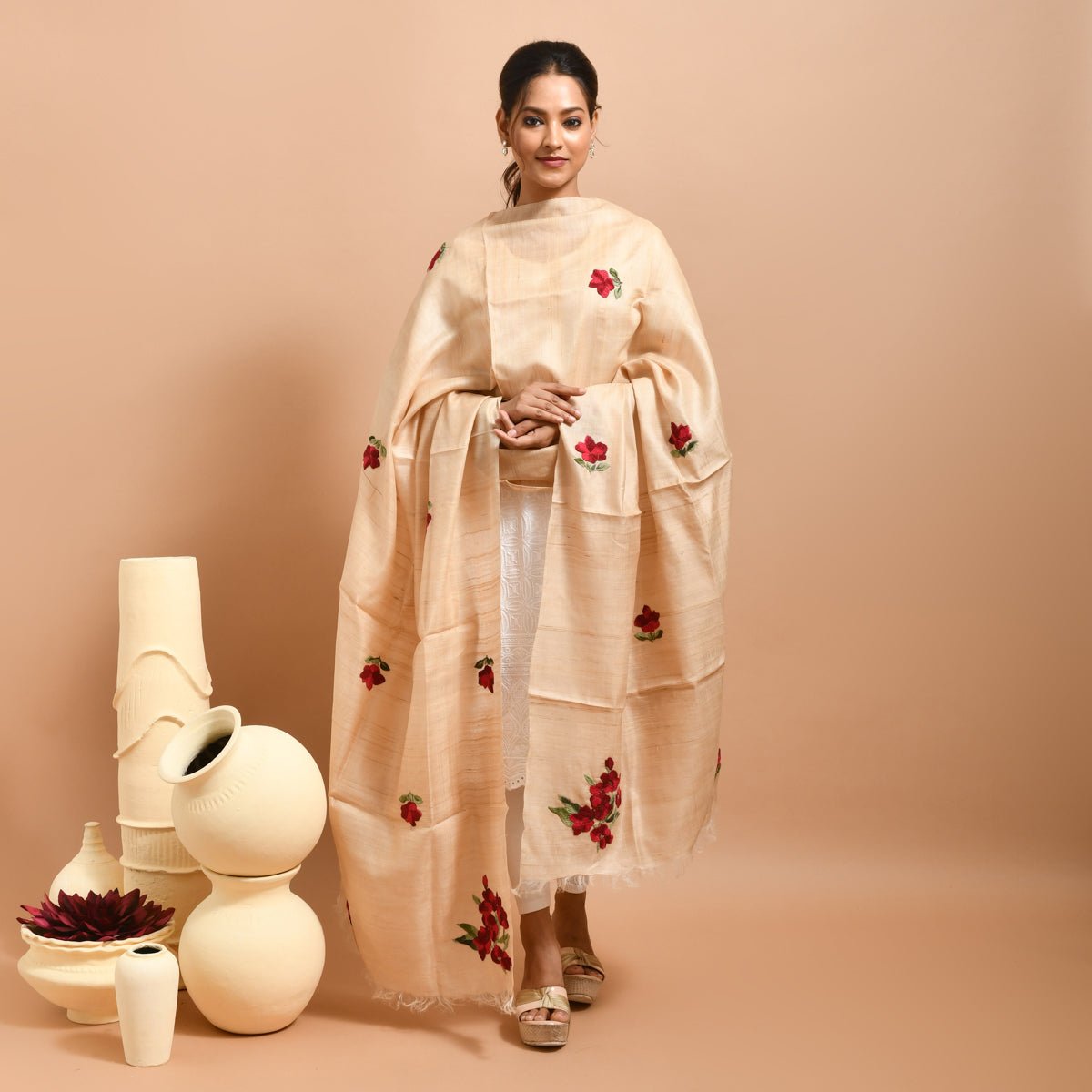 Pure Silk Hand Embroidered Dupatta – Womens Dupatta by Stotra available on Brown Living™. Beige - Poppy Design . SKU: ST - DUP - BEI - POPPY - 02. Img 13.