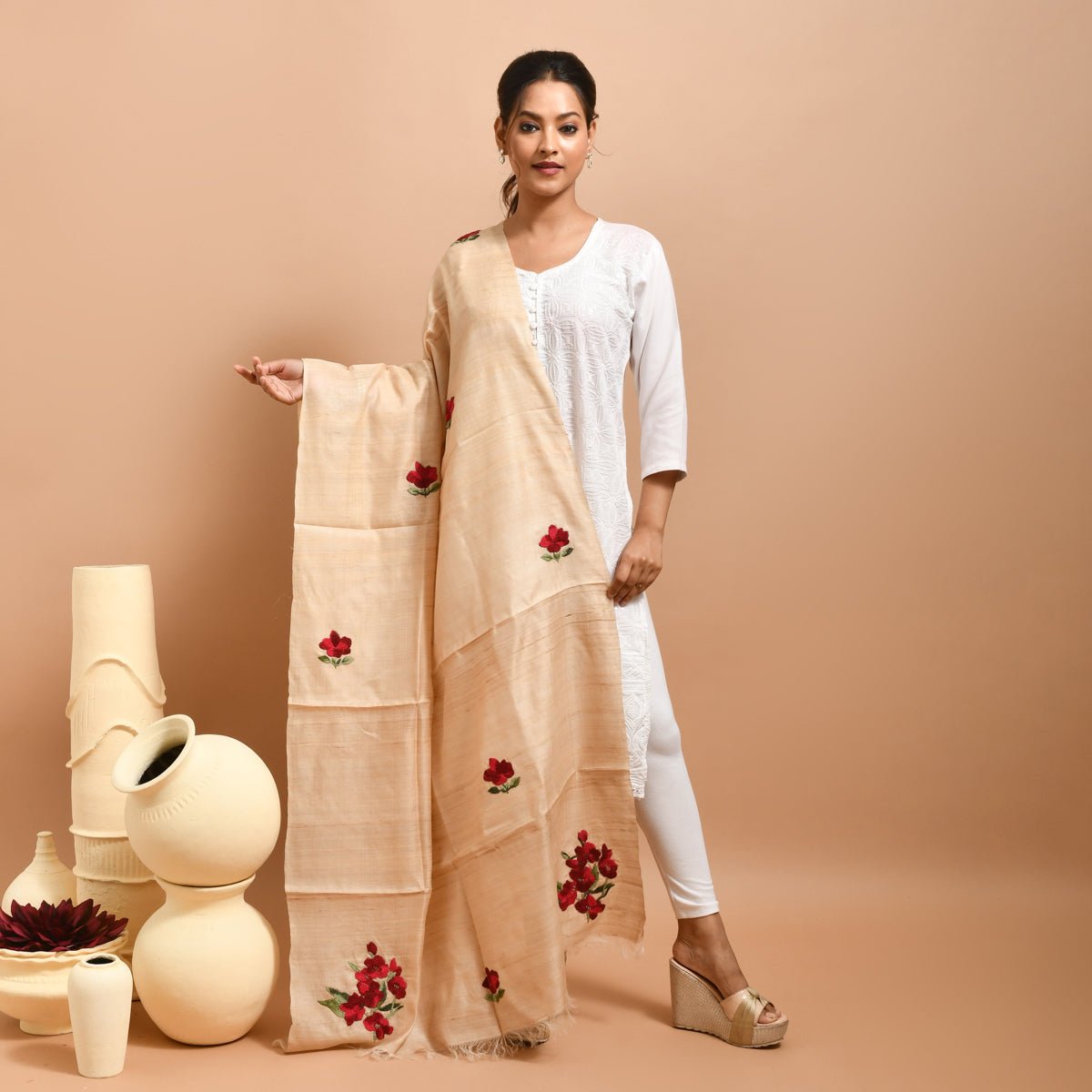 Pure Silk Hand Embroidered Dupatta – Womens Dupatta by Stotra available on Brown Living™. Beige - Poppy Design . SKU: ST - DUP - BEI - POPPY - 02. Img 12.