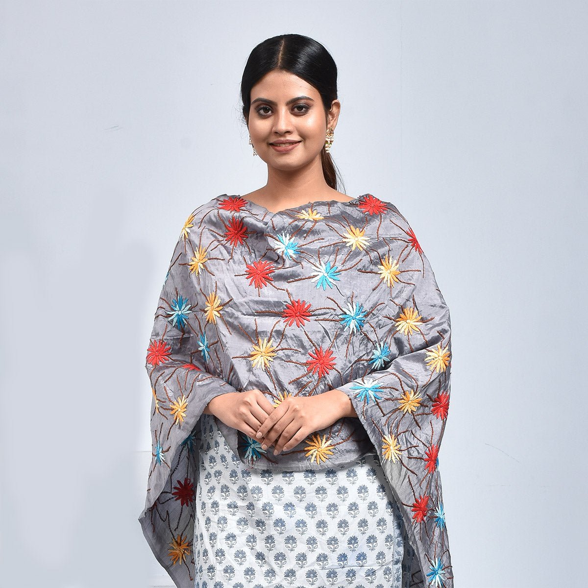 Pure Silk Hand Embroidered Dupatta – Womens Dupatta by Stotra available on Brown Living™. Blue - Daisy Design . SKU: ST - DUP - BLU - DAISY - 03. Img 4.