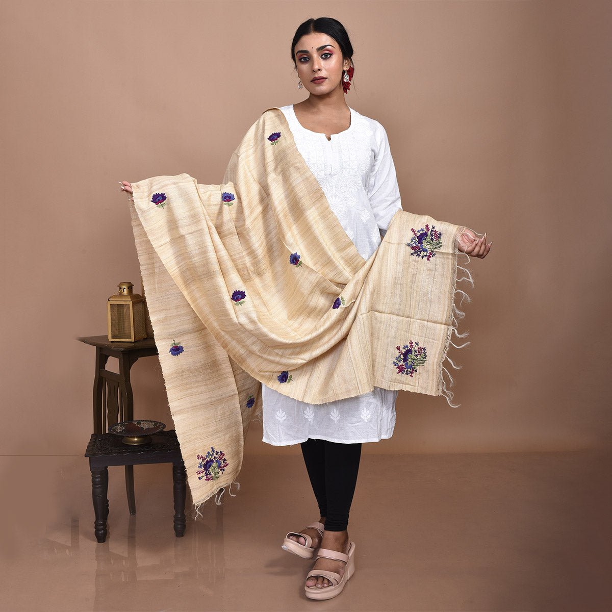 Pure Silk Hand Embroidered Dupatta – Womens Dupatta by Stotra available on Brown Living™. Blue - Daisy Design . SKU: ST - DUP - BLU - DAISY - 03. Img 5.