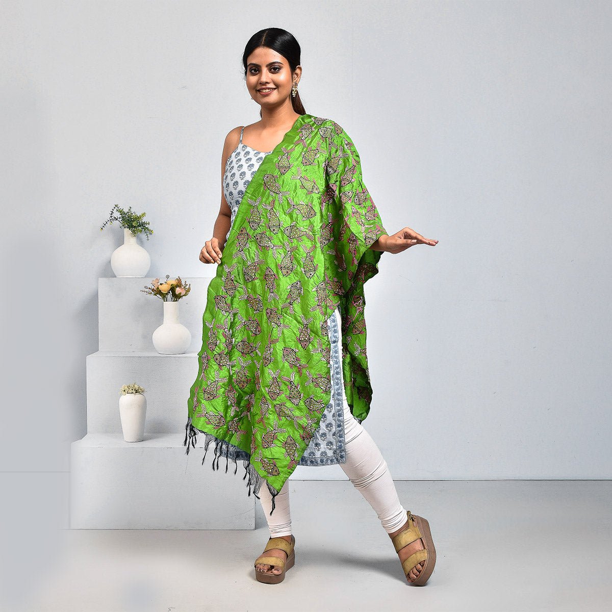 Pure Silk Hand Embroidered Dupatta – Womens Dupatta by Stotra available on Brown Living™. Green - Fish Design . SKU: ST - DUP - GRN - FISH - 04. Img 15.