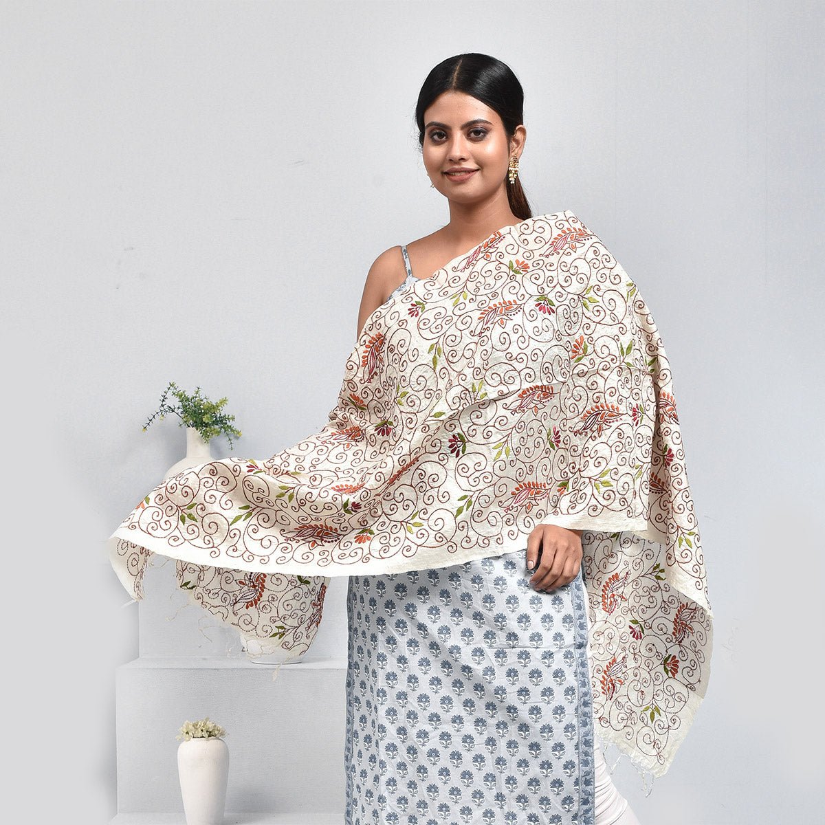 Pure Silk Hand Embroidered Dupatta – Womens Dupatta by Stotra available on Brown Living™. Grey - Cosmos Design . SKU: ST - DUP - GRY - COSMOS - 05. Img 17.