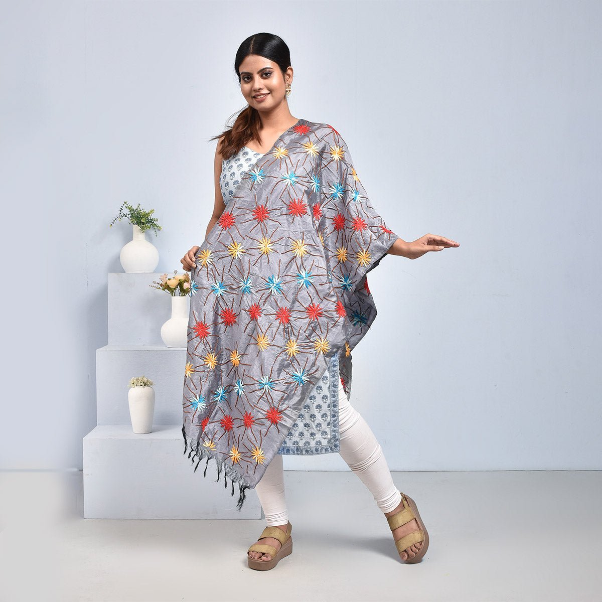 Pure Silk Hand Embroidered Dupatta – Womens Dupatta by Stotra available on Brown Living™. Grey - Cosmos Design . SKU: ST - DUP - GRY - COSMOS - 05. Img 16.