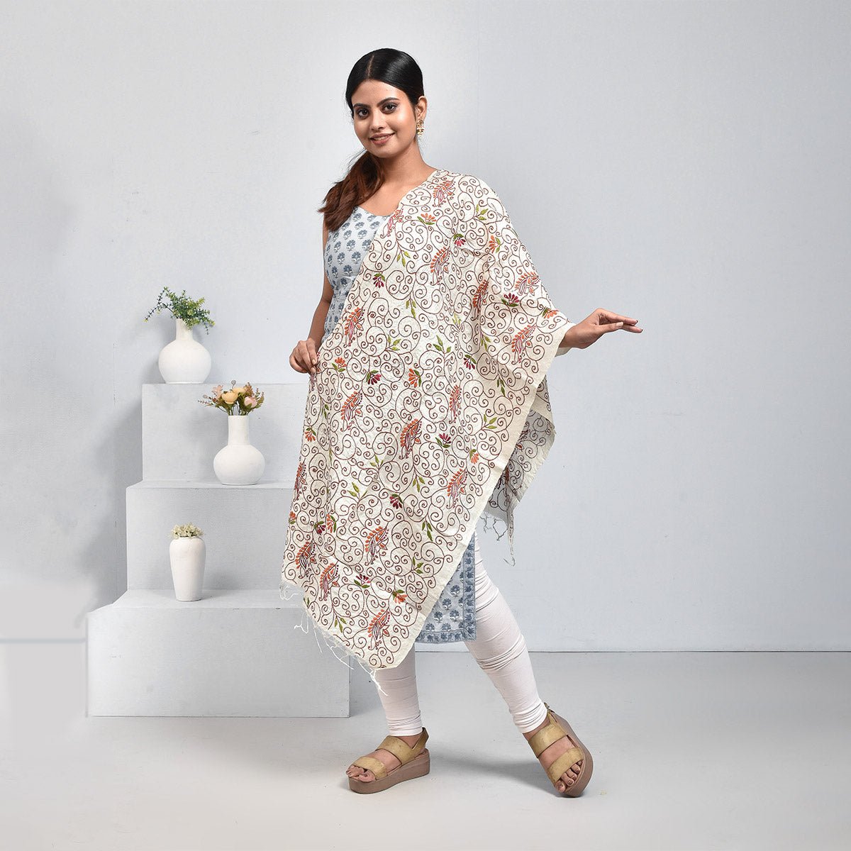 Pure Silk Hand Embroidered Dupatta – Womens Dupatta by Stotra available on Brown Living™. Off White - Kolki Design . SKU: ST - DUP - OFF - KOLKI - 06. Img 18.