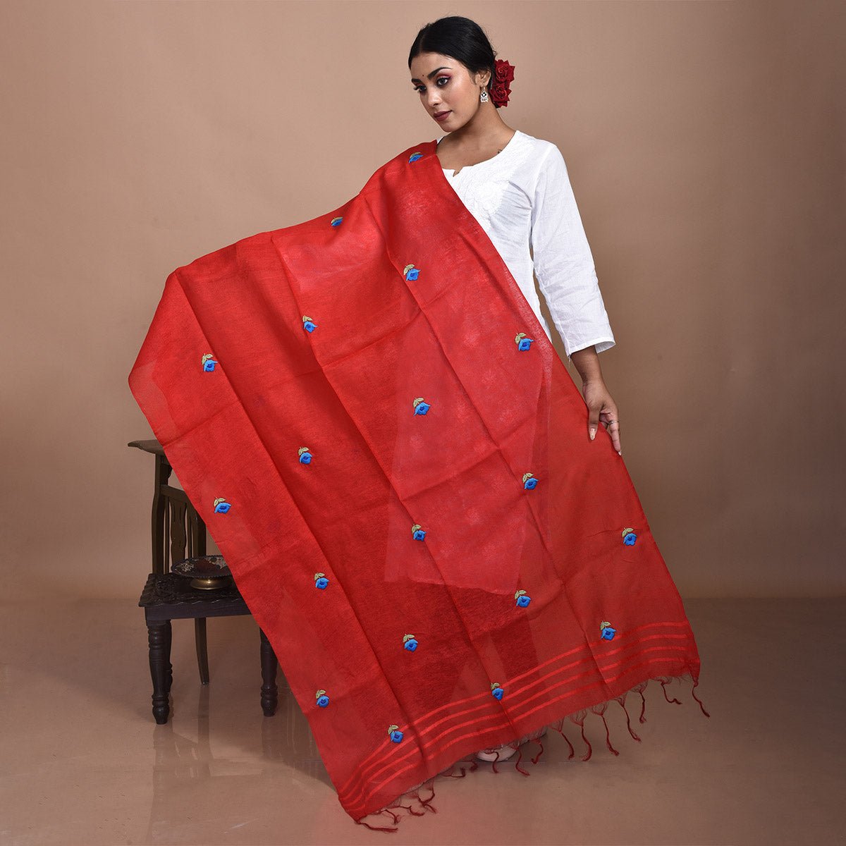 Pure Silk Hand Embroidered Dupatta – Womens Dupatta by Stotra available on Brown Living™. Off White - Periwinkle Design . SKU: ST - DUP - OFF - PERI - 07. Img 21.