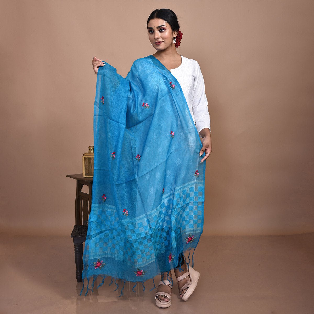 Pure Silk Hand Embroidered Dupatta – Womens Dupatta by Stotra available on Brown Living™. Red - Daisy Design . SKU: ST - DUP - RED - DAISY - 08. Img 7.