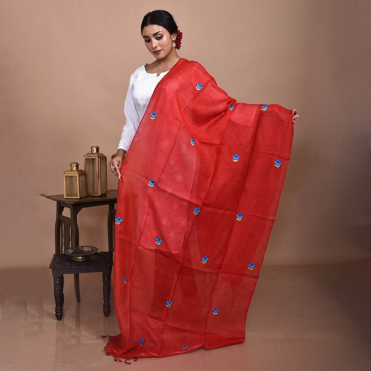 Pure Silk Hand Embroidered Dupatta – Womens Dupatta by Stotra available on Brown Living™. Red - Daisy Design . SKU: ST - DUP - RED - DAISY - 08. Img 6.