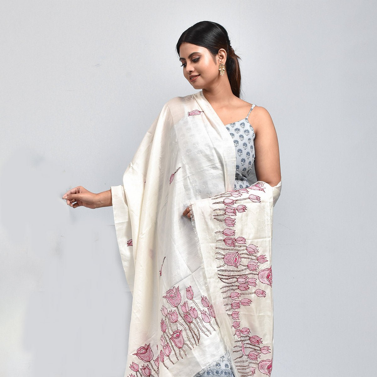 Pure Silk Hand Embroidered Dupatta – Womens Dupatta by Stotra available on Brown Living™. Turquoise - Berry Flower Design . SKU: ST - DUP - TURQ - BERRY - 09. Img 23.