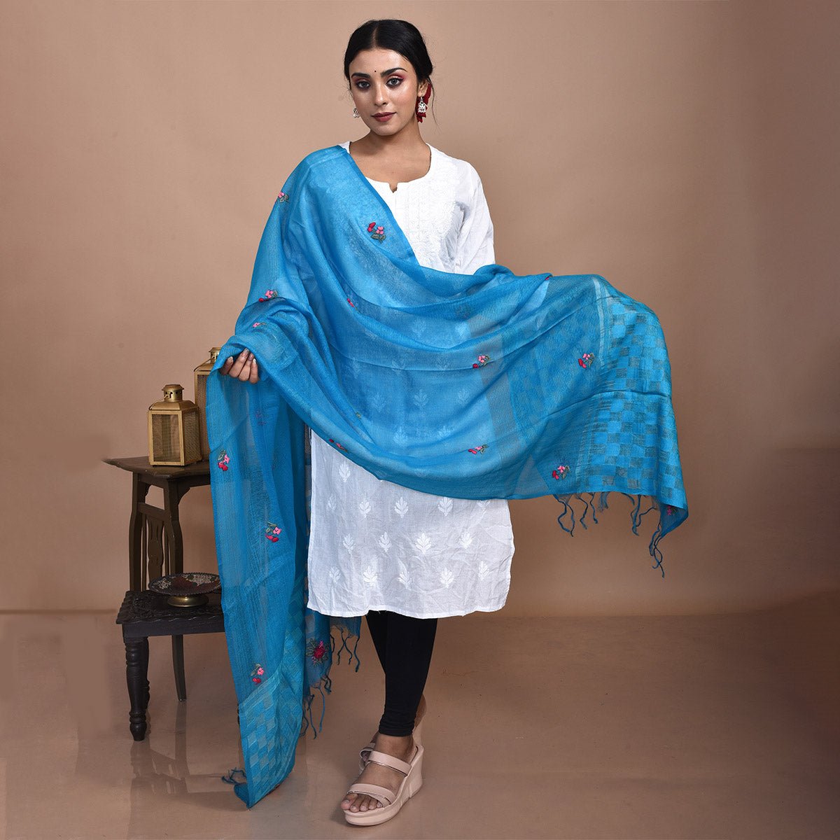 Pure Silk Hand Embroidered Dupatta – Womens Dupatta by Stotra available on Brown Living™. Turquoise - Berry Flower Design . SKU: ST - DUP - TURQ - BERRY - 09. Img 22.