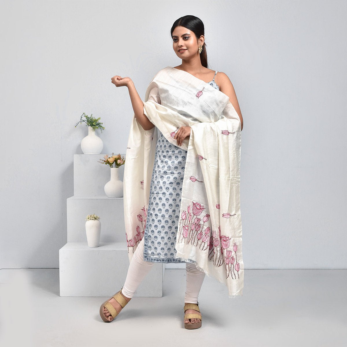 Pure Silk Hand Embroidered Dupatta – Womens Dupatta by Stotra available on Brown Living™. White - Lotus Design . SKU: ST - DUP - WHITE - LOTUS - 11. Img 24.