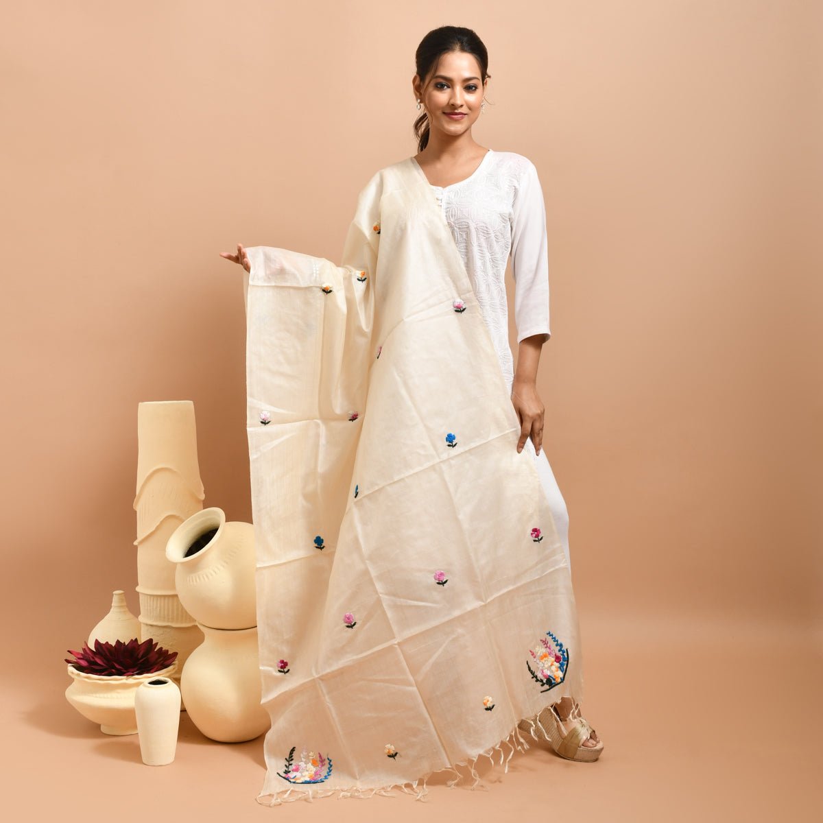 Pure Silk Hand Embroidered Dupatta – Womens Dupatta by Stotra available on Brown Living™. White - Lotus Design . SKU: ST - DUP - WHITE - LOTUS - 11. Img 26.