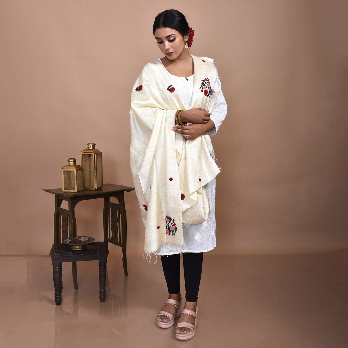 Pure Silk Hand Embroidered Dupatta – Womens Dupatta by Stotra available on Brown Living™. White - Lotus Design . SKU: ST - DUP - WHITE - LOTUS - 11. Img 25.