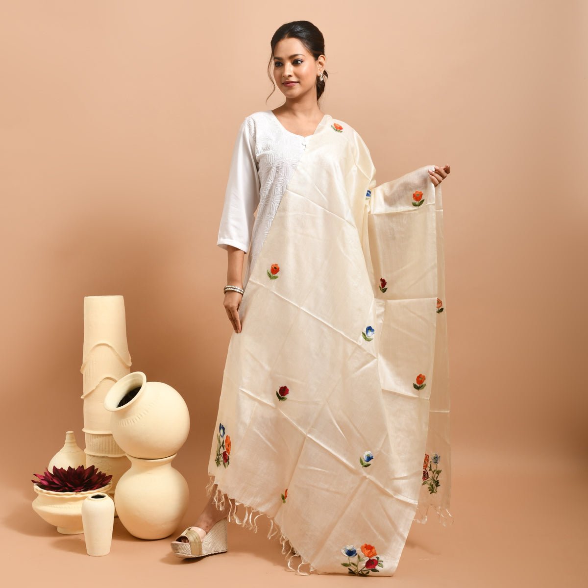 Pure Silk Hand Embroidered Dupatta – Womens Dupatta by Stotra available on Brown Living™. White - Pansy Design . SKU: ST - DUP - WHITE - PANSY - 12. Img 9.