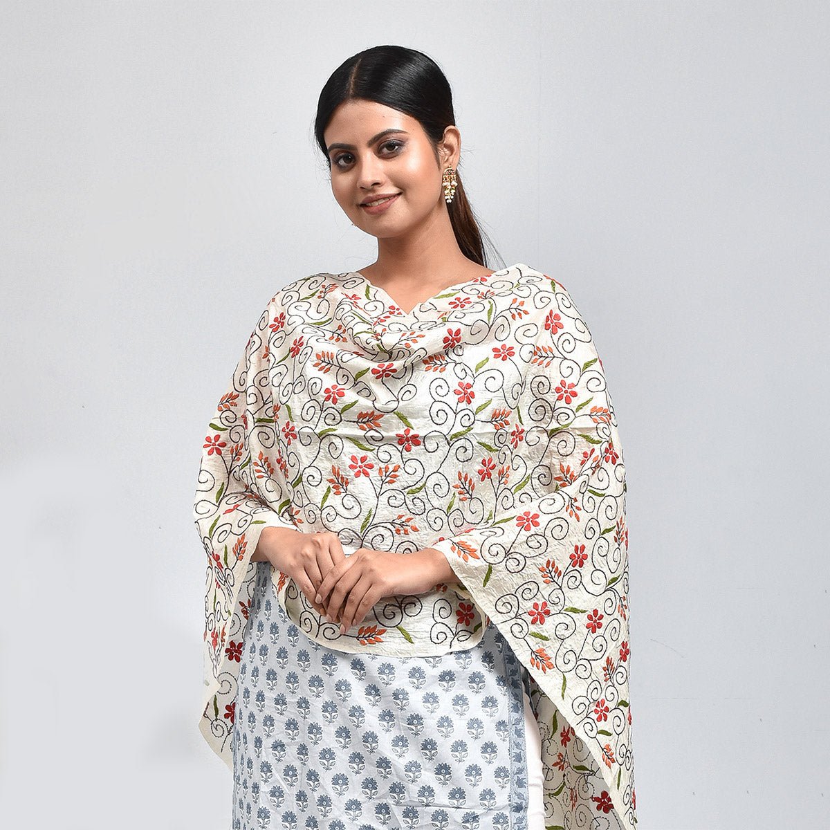 Pure Silk Hand Embroidered Dupatta – Womens Dupatta by Stotra available on Brown Living™. White - Pansy Design . SKU: ST - DUP - WHITE - PANSY - 12. Img 11.