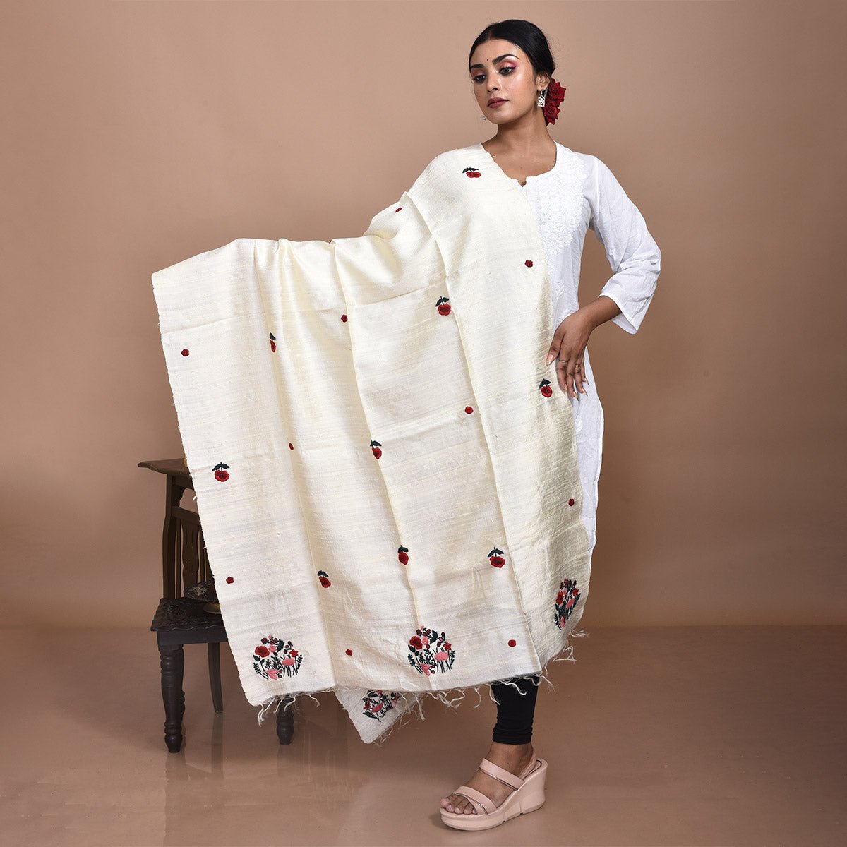 Pure Silk Hand Embroidered Dupatta – Womens Dupatta by Stotra available on Brown Living™. White - Pansy Design . SKU: ST - DUP - WHITE - PANSY - 12. Img 8.