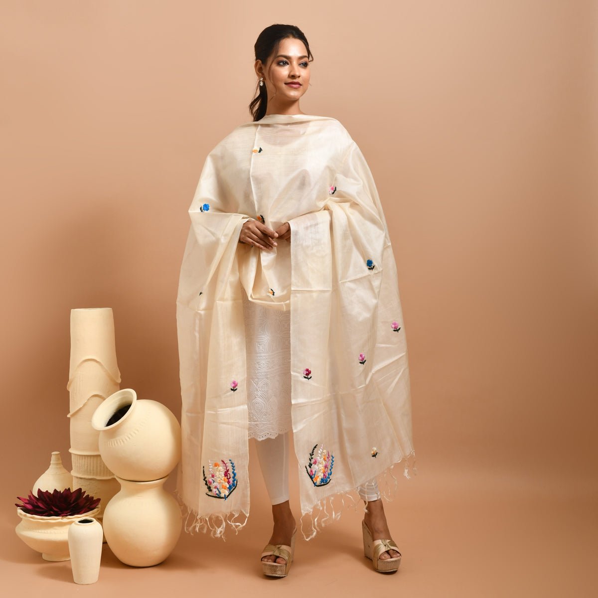 Pure Silk Hand Embroidered Dupatta – Womens Dupatta by Stotra available on Brown Living™. White - Rhododendron Design . SKU: ST - DUP - WHITE - RHODO - 13. Img 27.