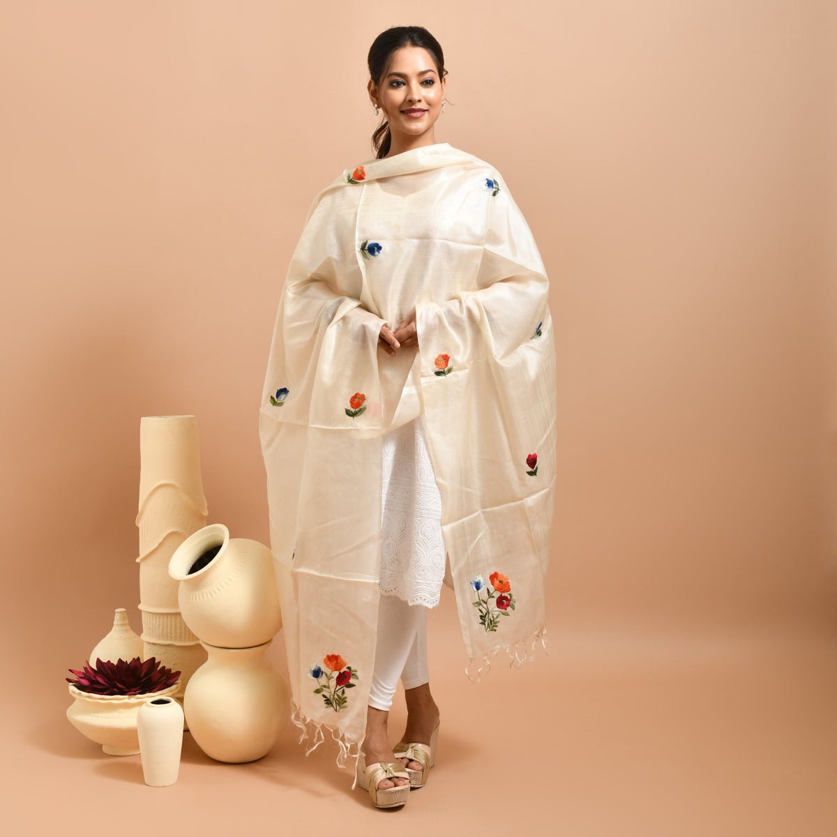 Pure Silk Hand Embroidered Dupatta – Womens Dupatta by Stotra available on Brown Living™. White - Tulip Design . SKU: ST - DUP - WHITE - TULIP - 10. Img 28.