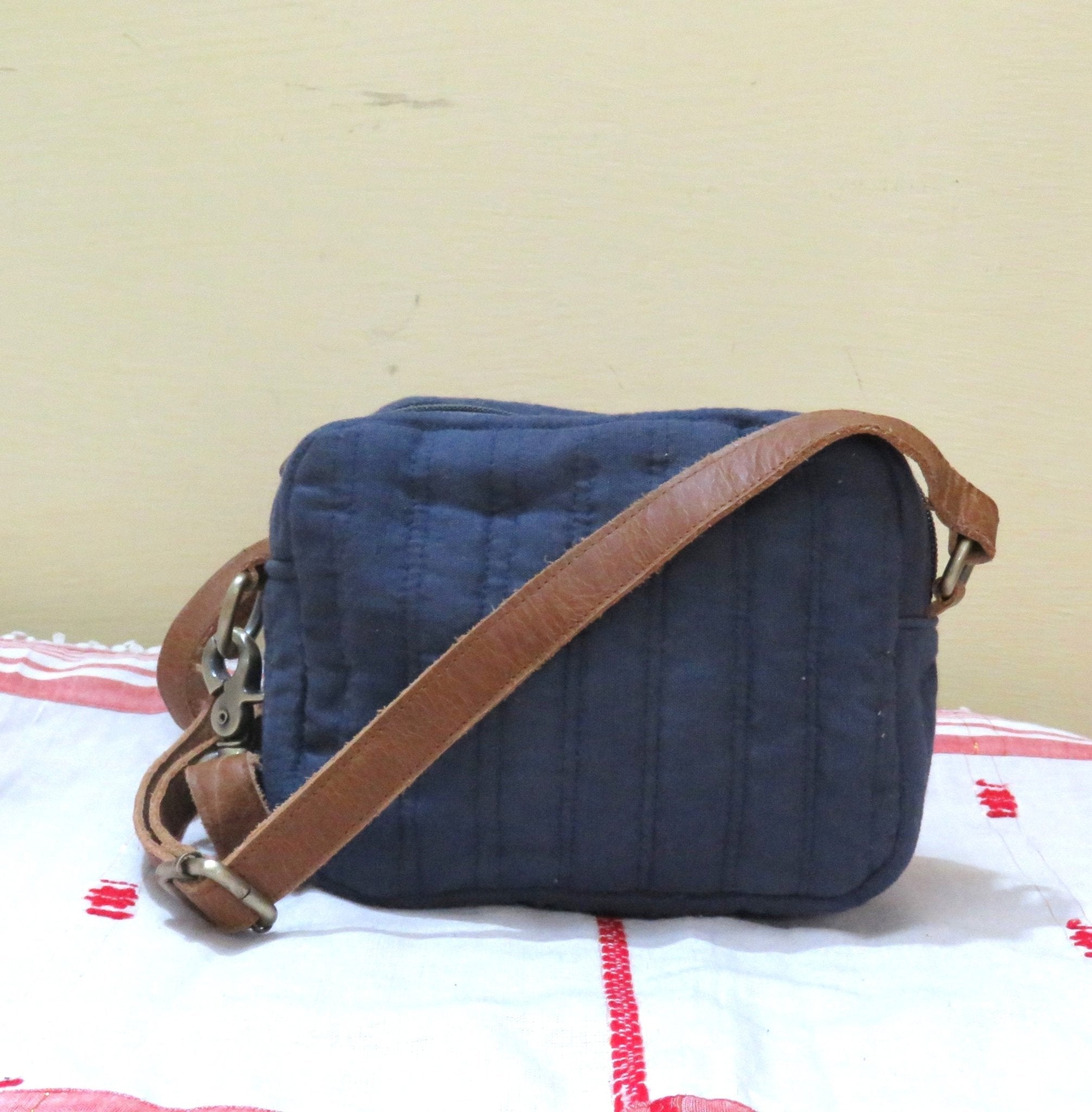 Quilted Indigo Linen Sling Bag | Lightweight Handmade Crossbody Bag – Sling Bag on Brown Living™. SKU: KRBL06. Img 1.