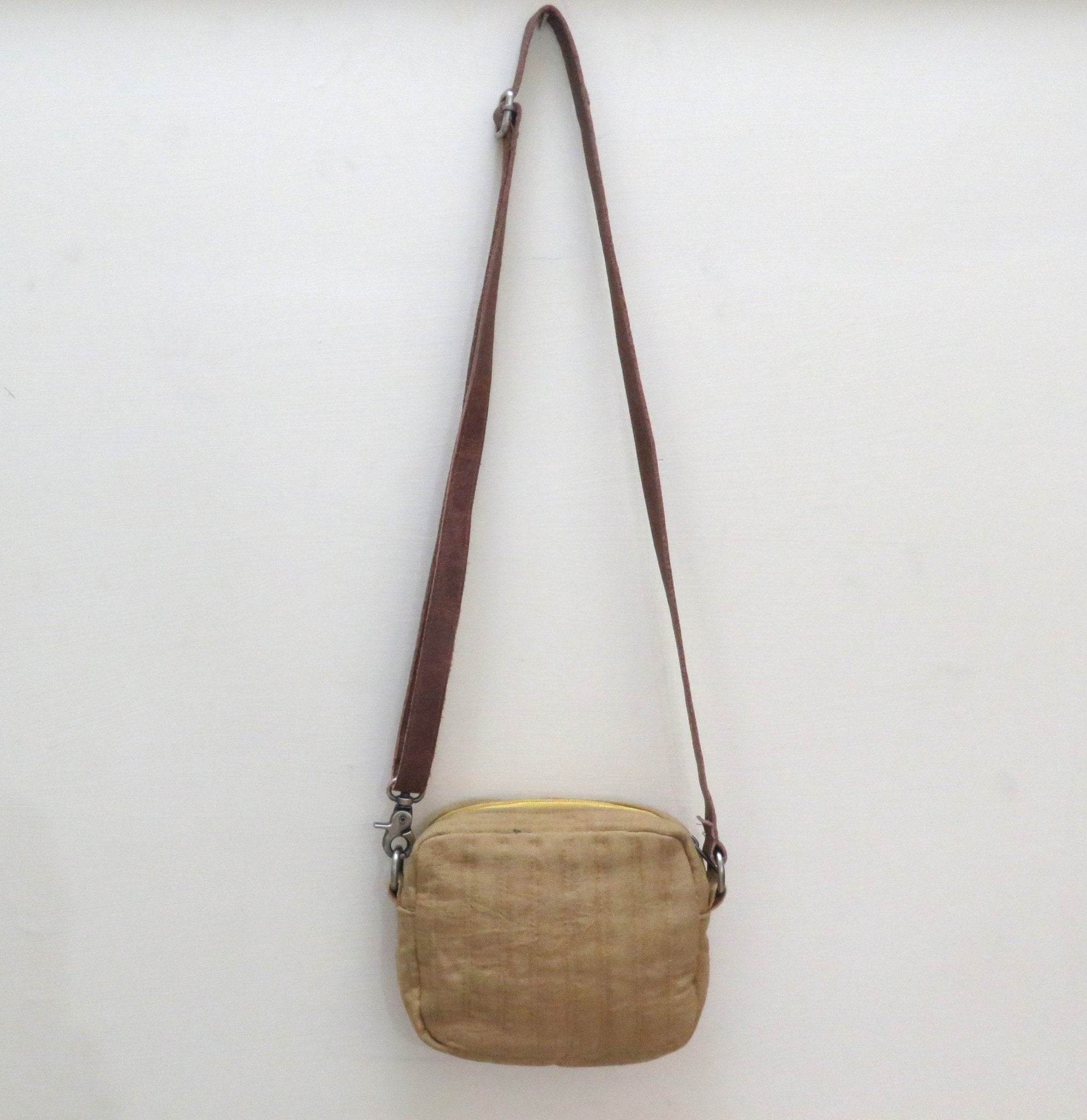 Quilted Linen Sling Bag for Women | Mustard Small Crossbody Bag – Sling Bag on Brown Living™. SKU: KRBL05. Img 3.