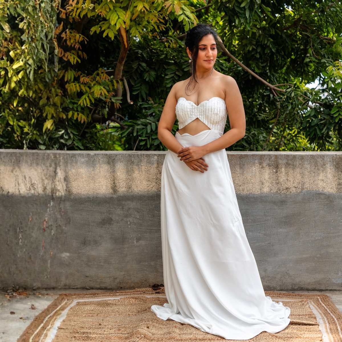 Rain Clouds White Tencel Gown For Women | Soft & Breathable Dress – Womens Dress on Brown Living™. SKU: JDS5030XS. Img 2.