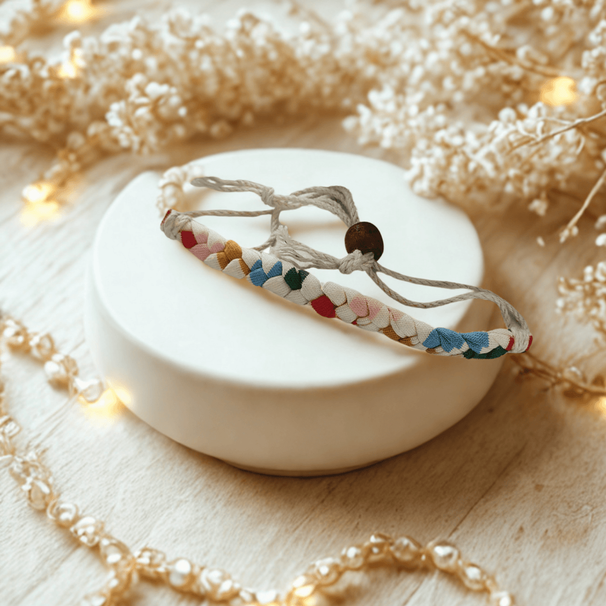 Rainbow Upcycled Fabric Bracelet – Gift on Brown Living™. SKU: WEFESTIVEBAND. Img 2.