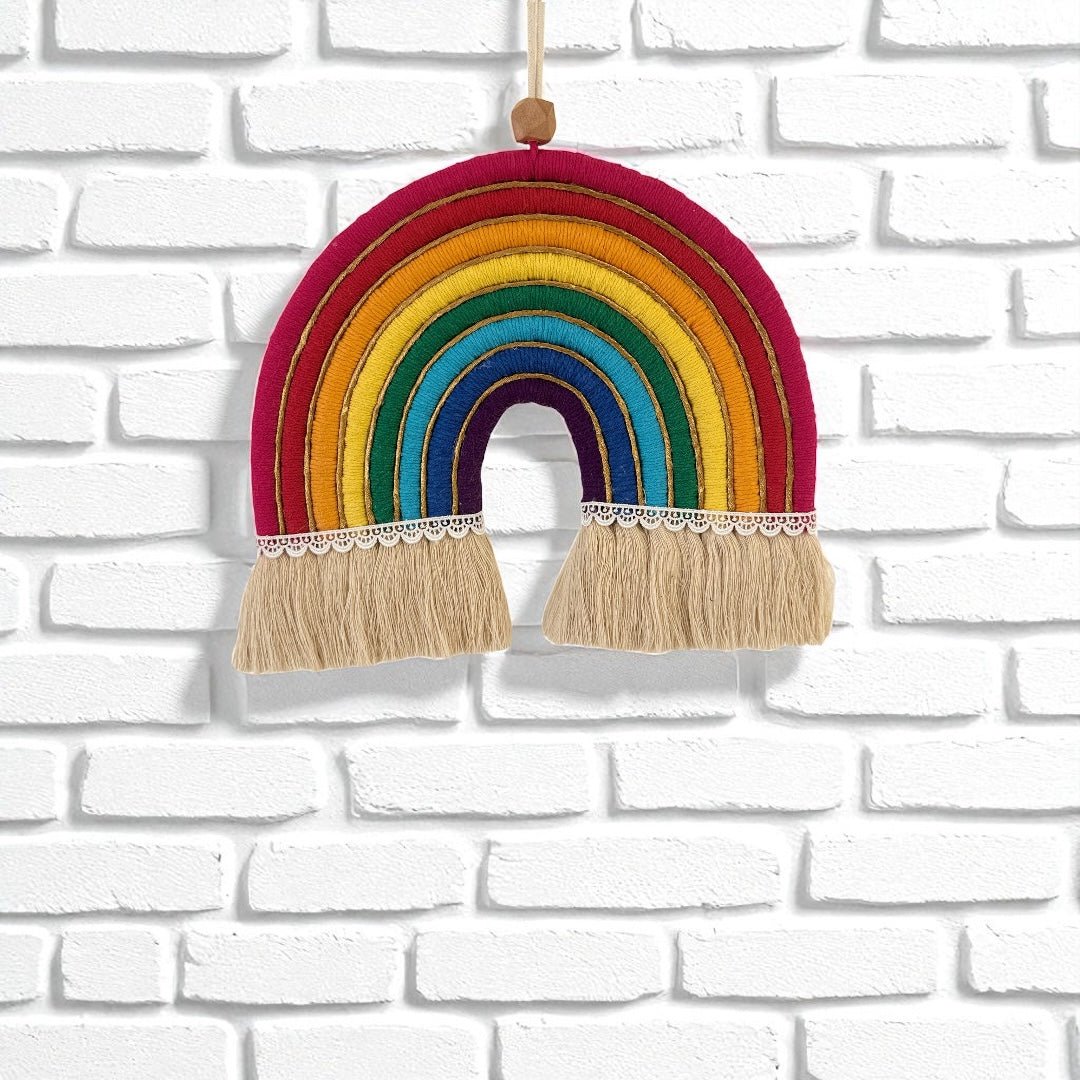 Rainbow Wall Hanging Décor – Solid Color Boho Home Accent Art – Wall Decor on Brown Living™. SKU: RBWWH012. Img 1.