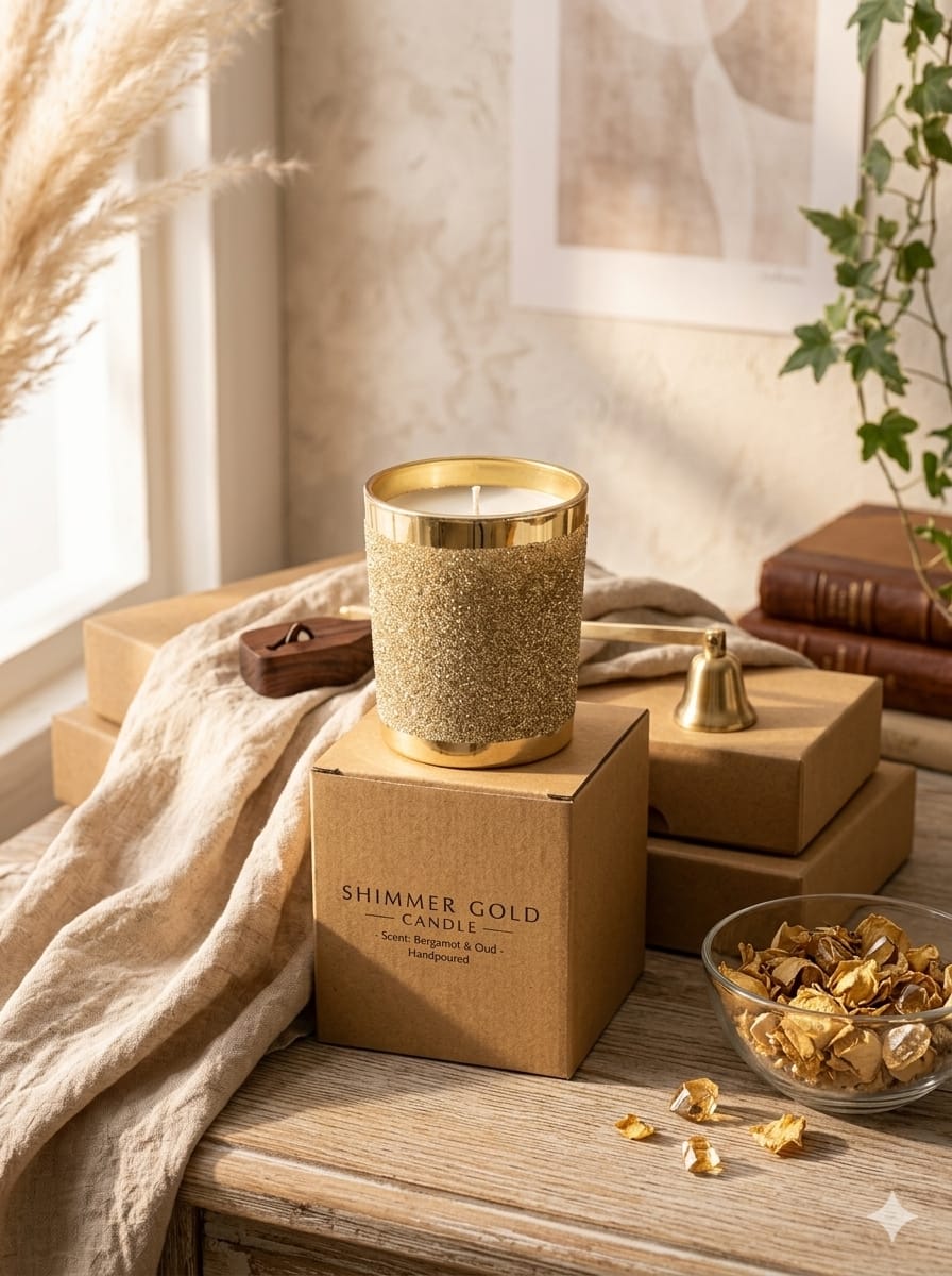 Rajnigandha Fragrance Shimmering Golden Candle – Candles & Fragrances on Brown Living™. SKU: SND2415. Img 2.