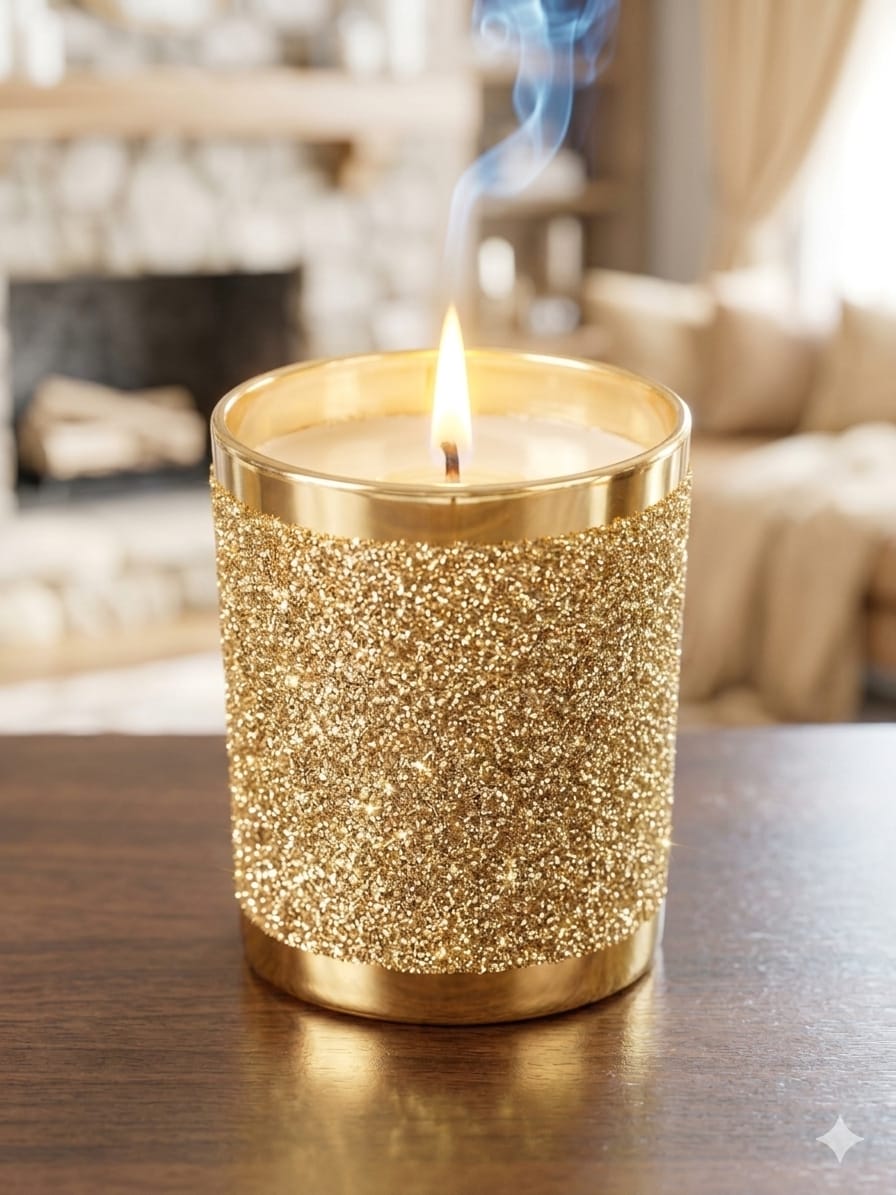 Rajnigandha Fragrance Shimmering Golden Candle – Candles & Fragrances on Brown Living™. SKU: SND2415. Img 3.