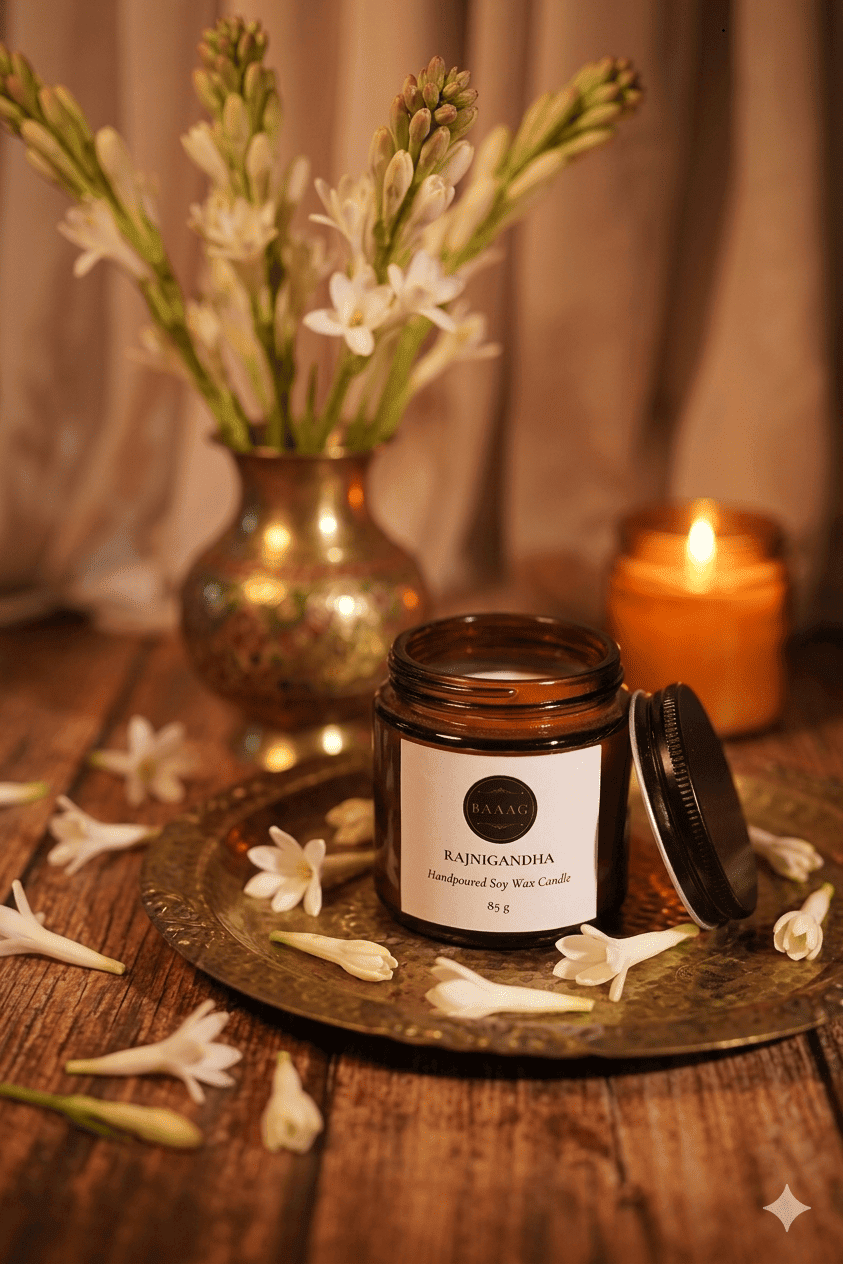 Rajnigandha Soy Candle - Luxury Tuberose Festive Fragrance – Candles & Fragrances on Brown Living™. SKU: BGSC000009. Img 5.