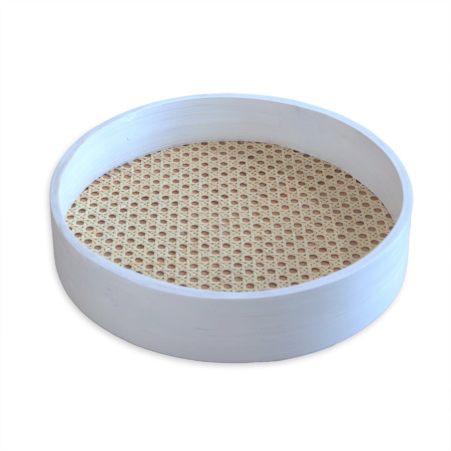 Rattan Round Handwoven Multipurpose Decorative White Tray – Home Decor on Brown Living™. SKU: RattanRoundTrayWhite7. Img 1.