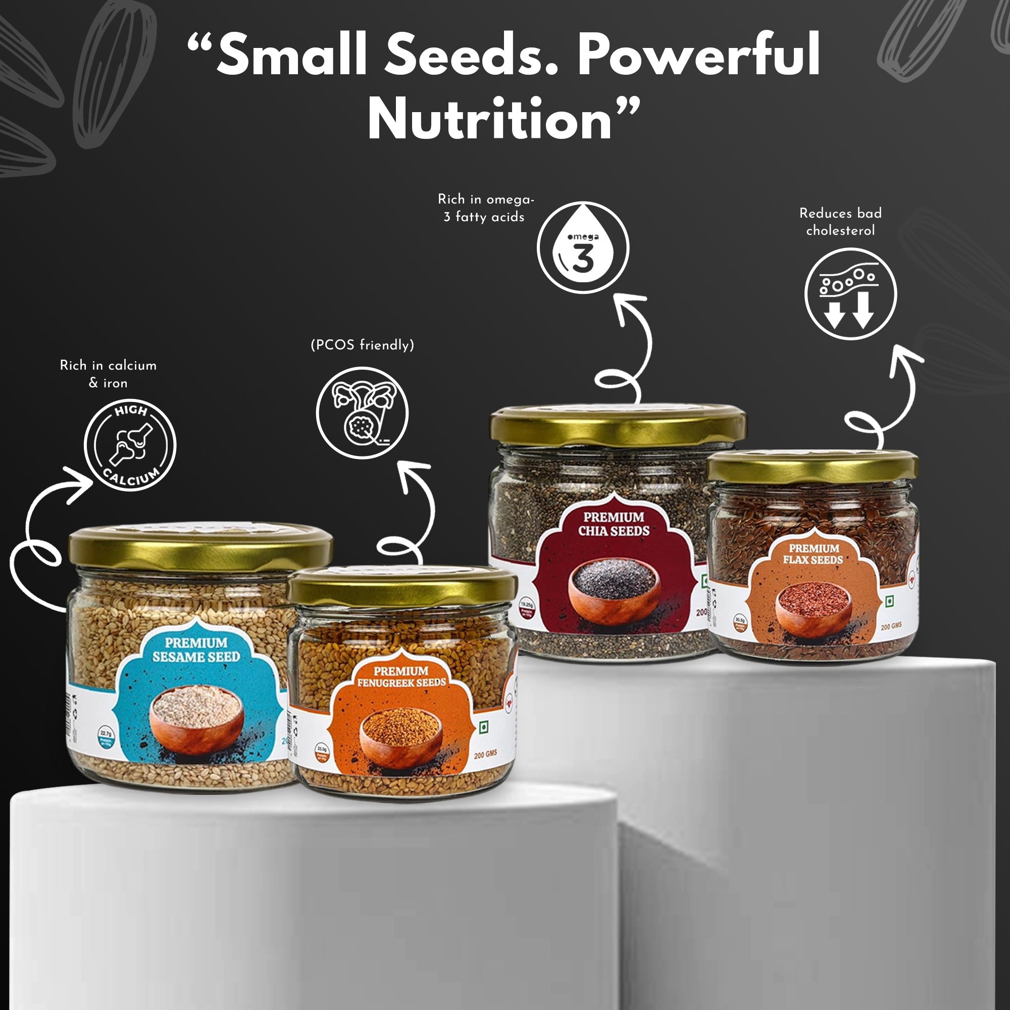 Raw Seeds Combo Pack Of 4 | Flax Sesame Chia Fenugreek – Dried Fruits, Nuts & Seeds on Brown Living™. SKU: ARNAS-8. Img 6.