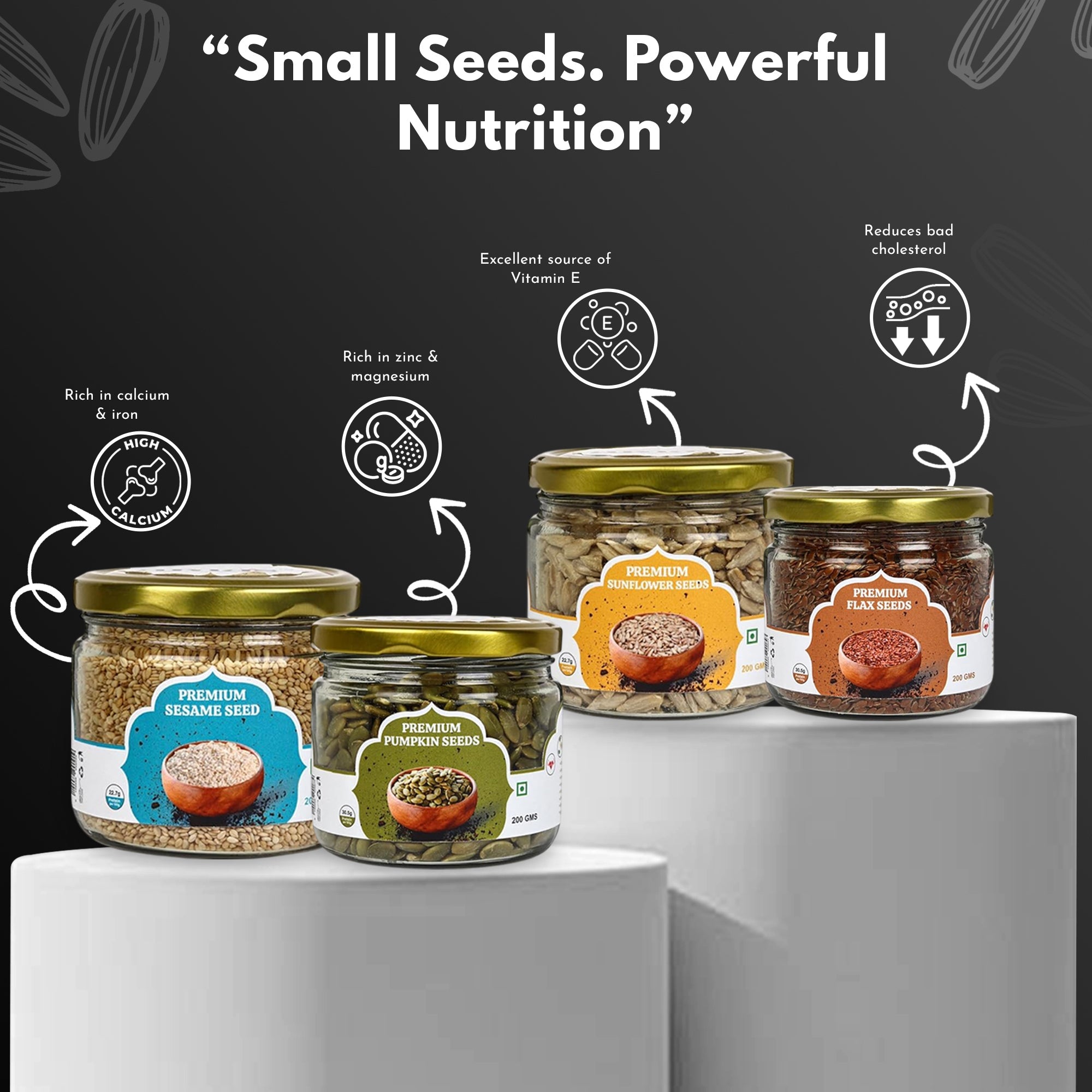 Raw Seeds Combo Pack Of 4 | Sunflower Sesame Pumpkin Flax – Dried Fruits, Nuts & Seeds on Brown Living™. SKU: ARNAS-9. Img 6.